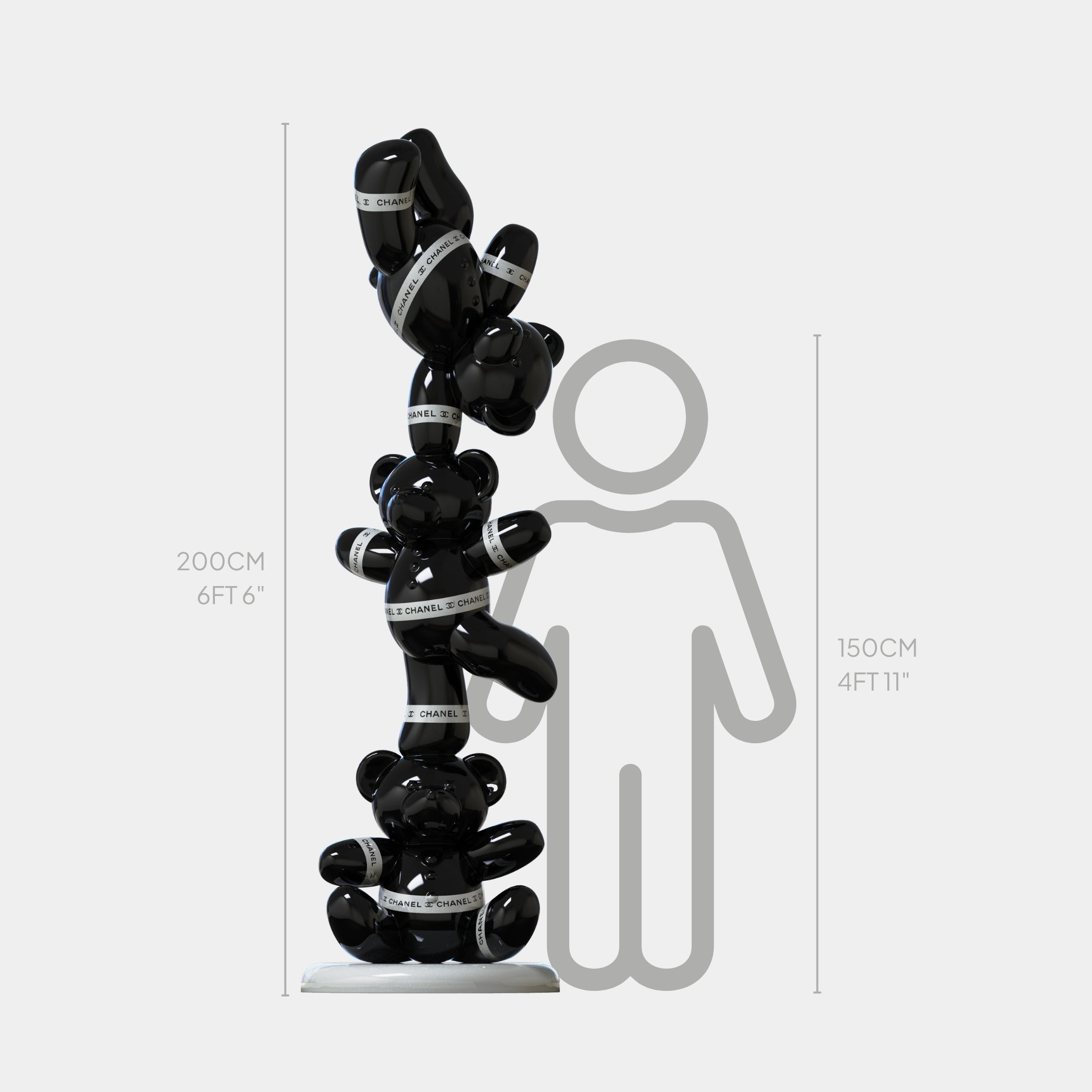 The Gacko Black Chanel Triple Bear Sculpture by Giant Sculptures features three glossy black bears stacked vertically, wrapped in white Chanel ribbon, and stands 200cm tall beside a height chart and human outline for scale.