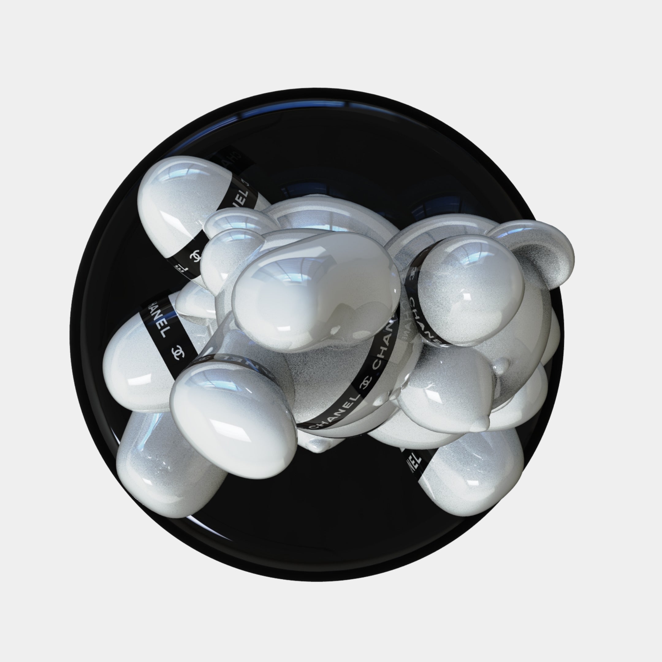 The Gacko Chanel Triple Bear Sculpture - 200cm by Giant Sculptures features shiny, white abstract bears with black CHANEL bands, arranged on a glossy black circular base against a plain background.