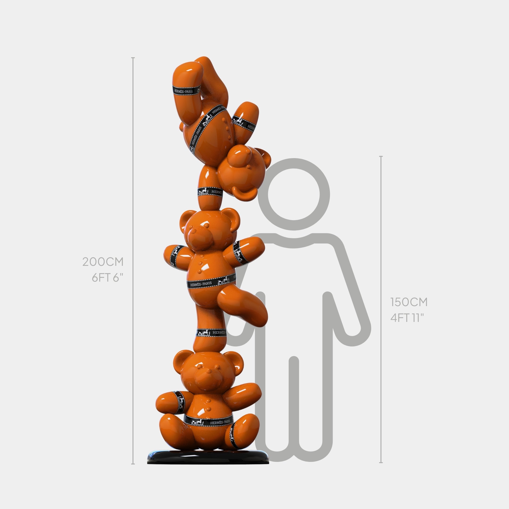 The Gacko Hermes Triple Bear Sculpture by Giant Sculptures stands 200 cm tall, featuring three shiny orange bears in black straps stacked on a round base. A 150 cm human outline is displayed for scale.