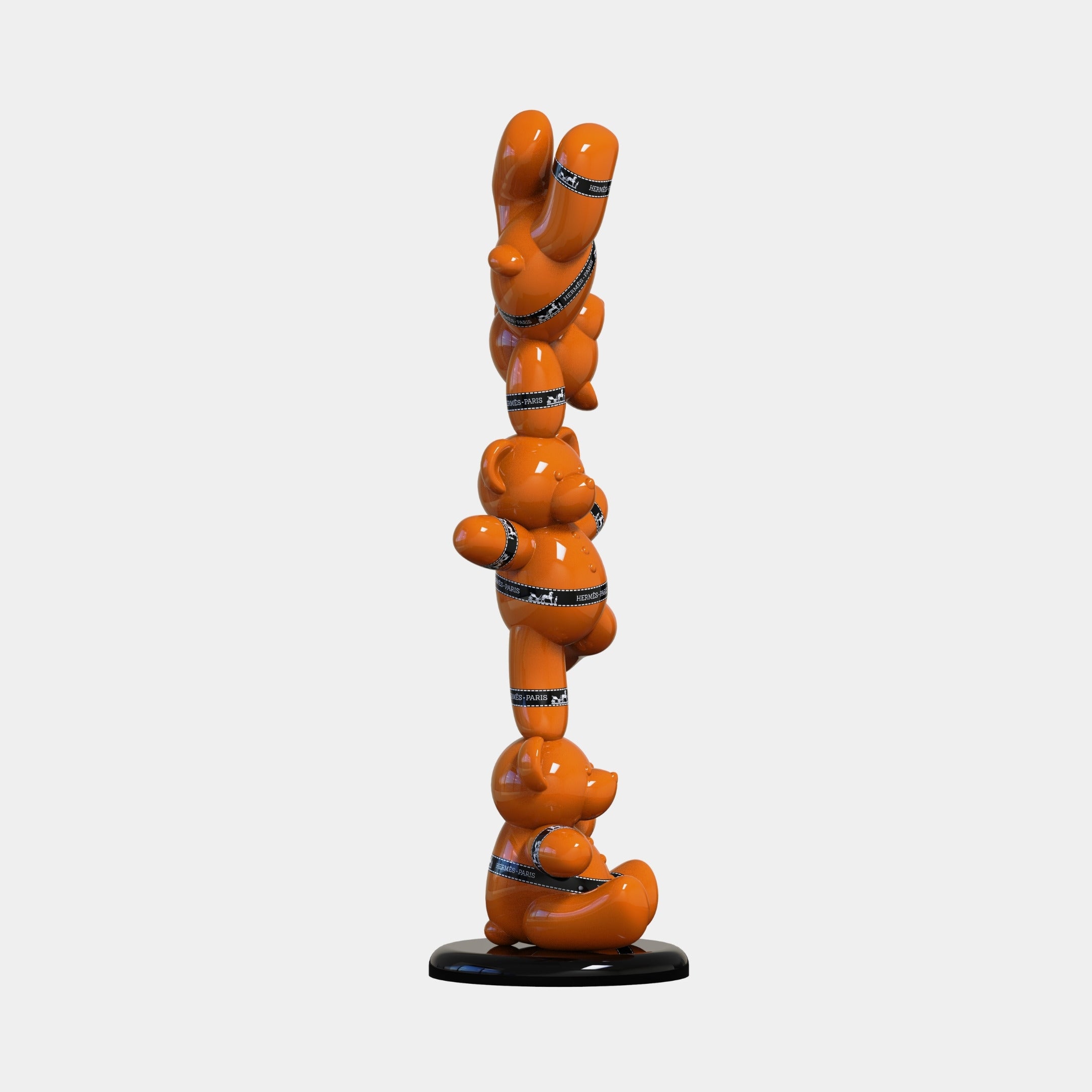 The Gacko Hermes Triple Bear Sculpture by Giant Sculptures stands 90cm tall, featuring three glossy orange bears with black and white bands atop a round black base—a bold luxury decor or contemporary art piece for any modern space.