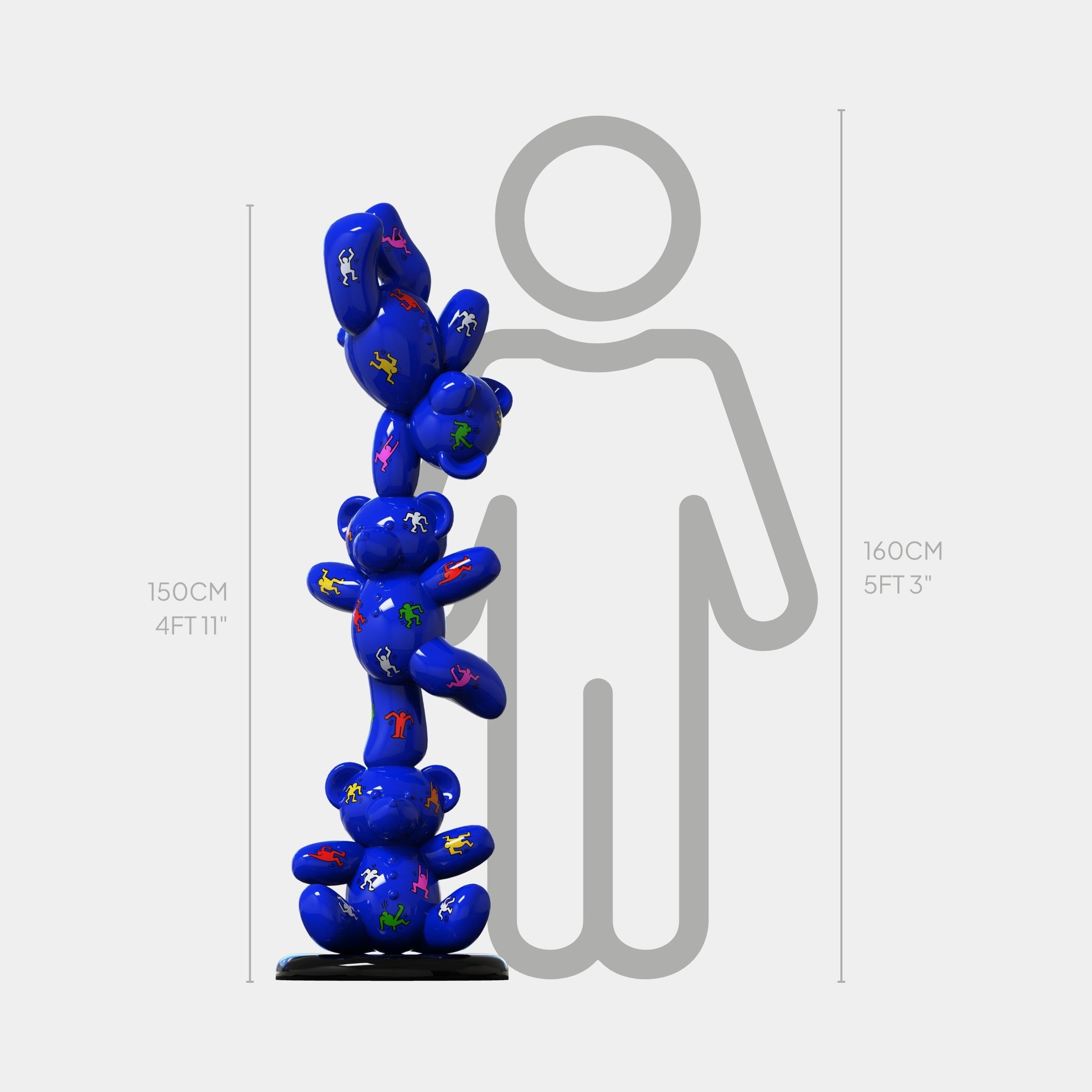 The Gacko Keith Triple Bear Sculpture by Giant Sculptures is a blue, balloon-like pop art piece with colorful figure prints, standing 150 cm tall on a black base beside a 160 cm person for scale.