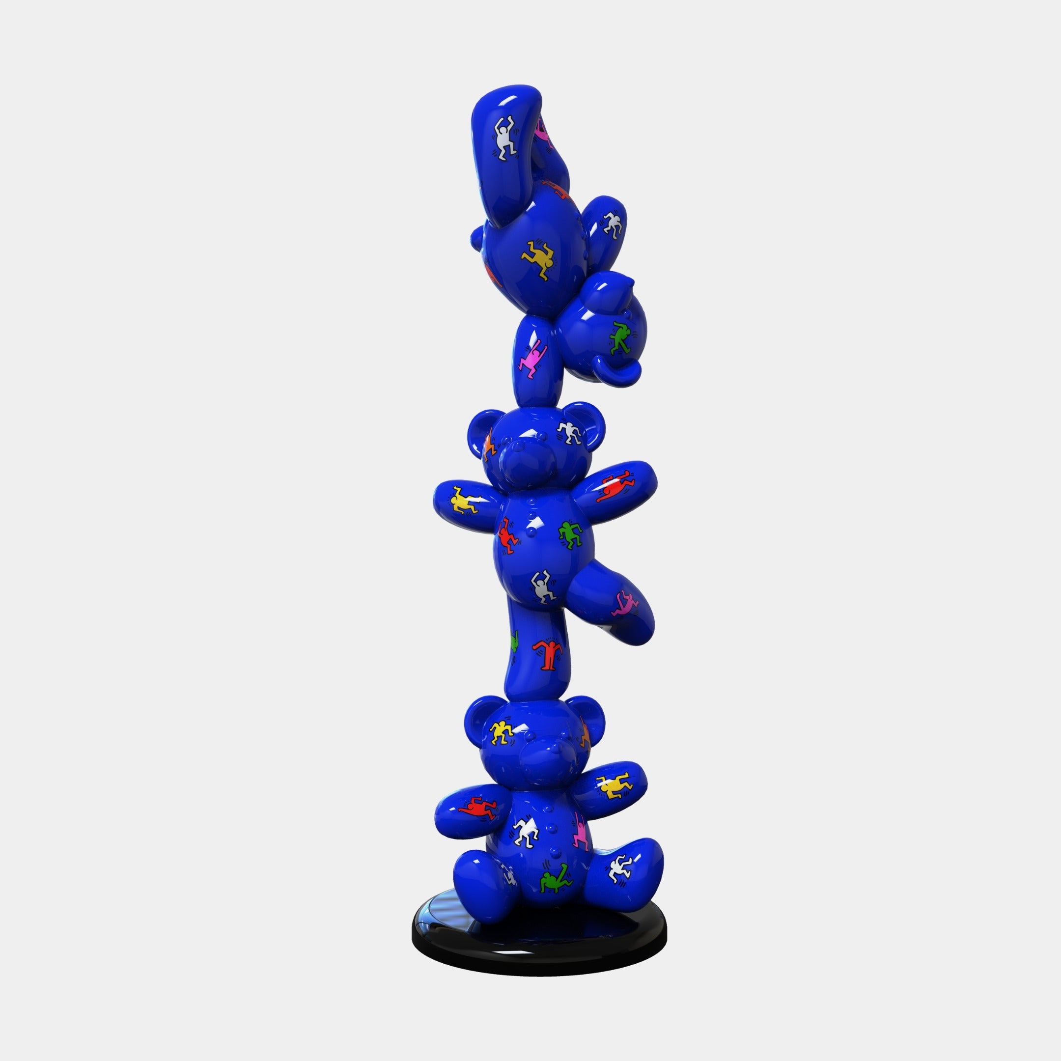 The Gacko Keith Triple Bear Sculpture by Giant Sculptures is a 90cm contemporary piece featuring three stacked, balloon-like blue bears with colorful human figures, displayed on a round black base against a light background.