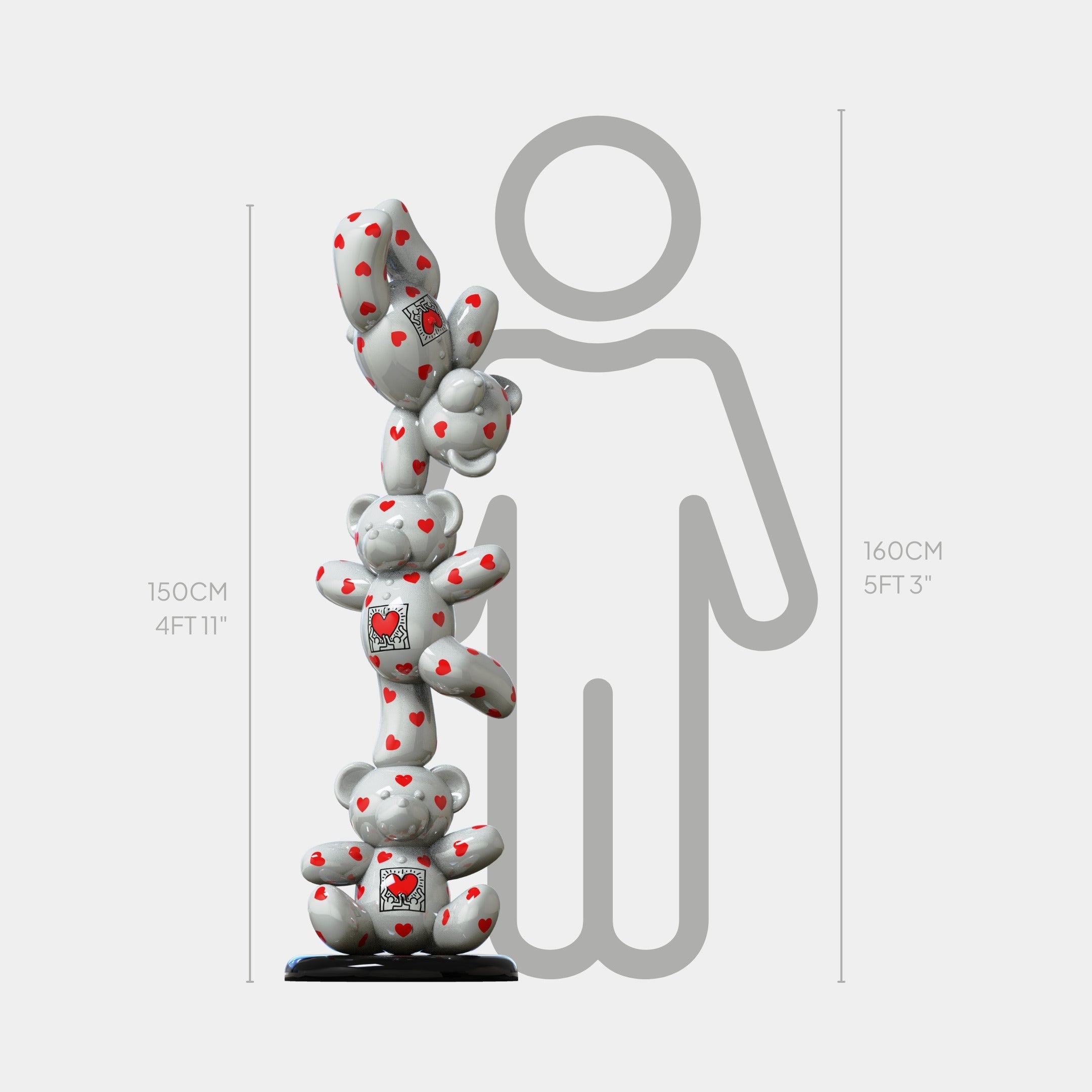The Gacko Keith Love Triple Bear Sculpture - 150cm by Giant Sculptures features four white teddy bears with red hearts stacked vertically, shown next to a height chart and a grey 160 cm silhouette for scale. Inspired by contemporary pop art.