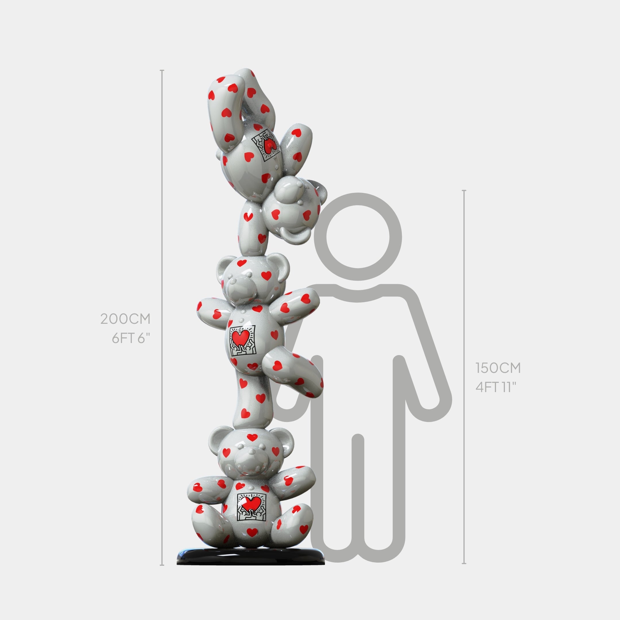 The Gacko Keith Love Triple Bear Sculpture - 200cm by Giant Sculptures shows three white bears with red hearts stacked vertically, displayed next to a 150 cm person for height comparison.