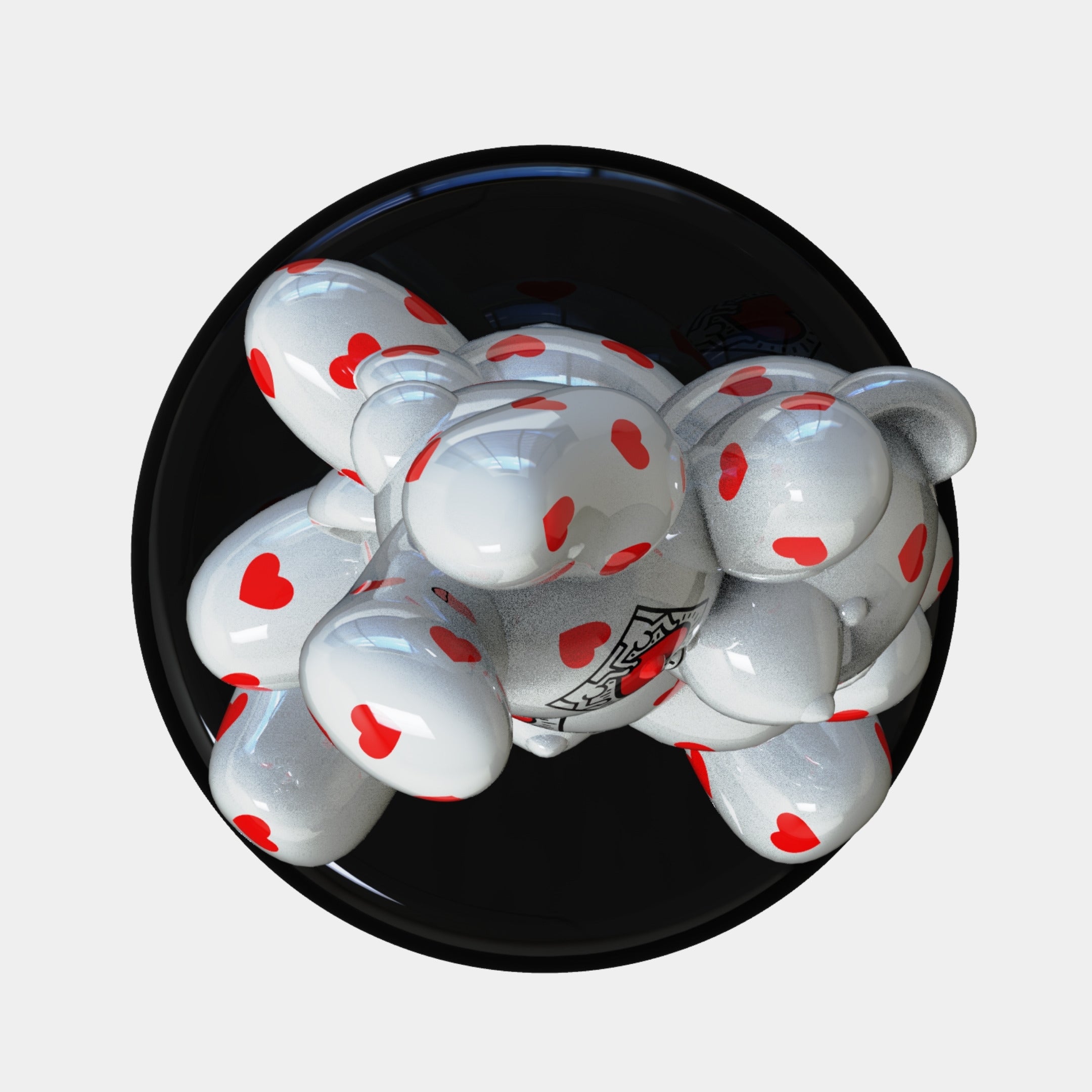 The Gacko Keith Love Triple Bear Sculpture by Giant Sculptures features a glossy white bear with red heart patterns, curled on a shiny black base—a contemporary artwork viewed from above, measuring 150cm.