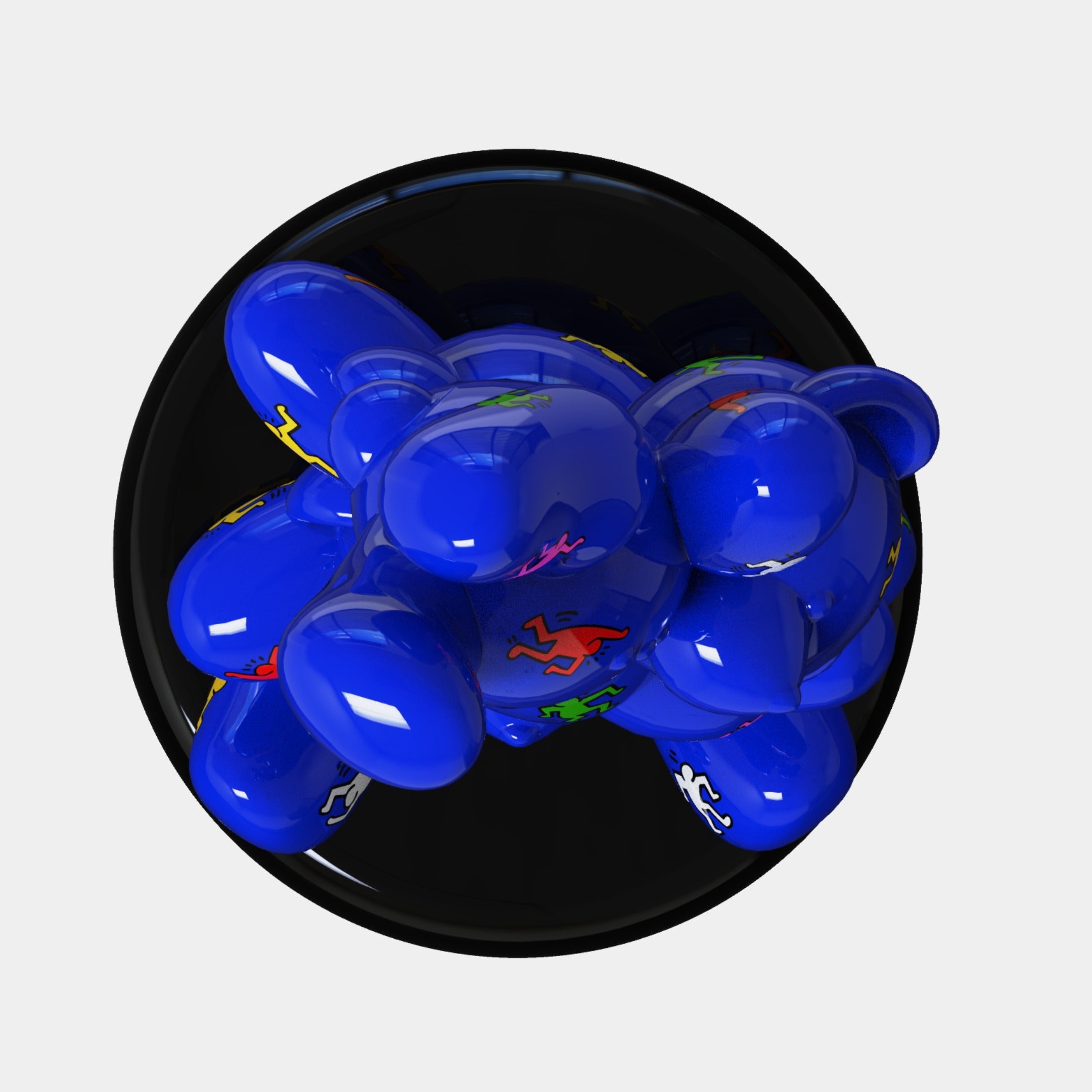 The Gacko Keith Triple Bear Sculpture - 90cm by Giant Sculptures is a glossy blue artwork with colorful stick-figure designs, shown from above on a round black base against a white background—bringing pop art sculpture to life.