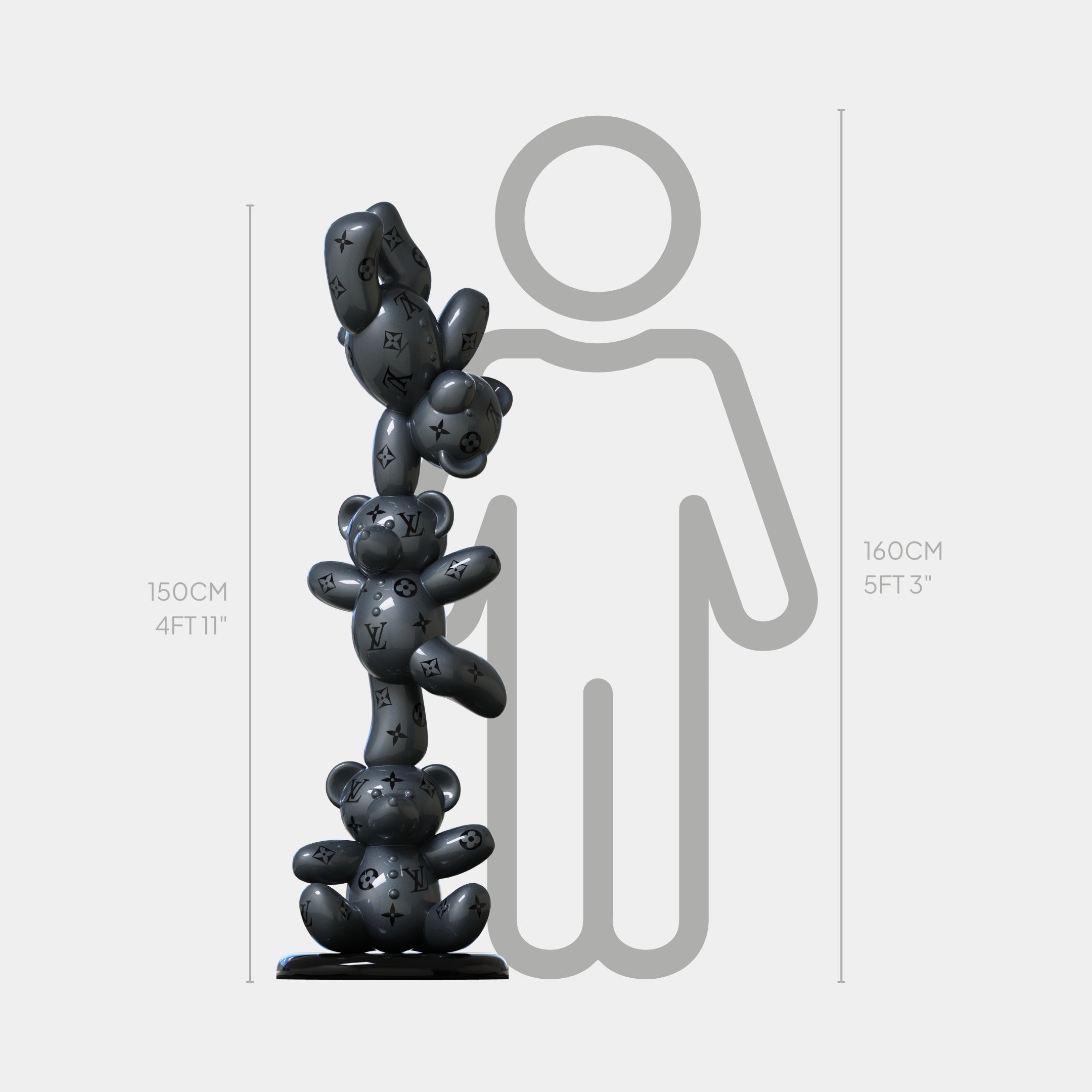 The Gacko Grey LV Triple Bear Sculpture - 150cm by Giant Sculptures is a pop art piece with three stacked black balloon bears featuring a Louis Vuitton–inspired pattern, shown beside a human outline for scale as striking contemporary art.