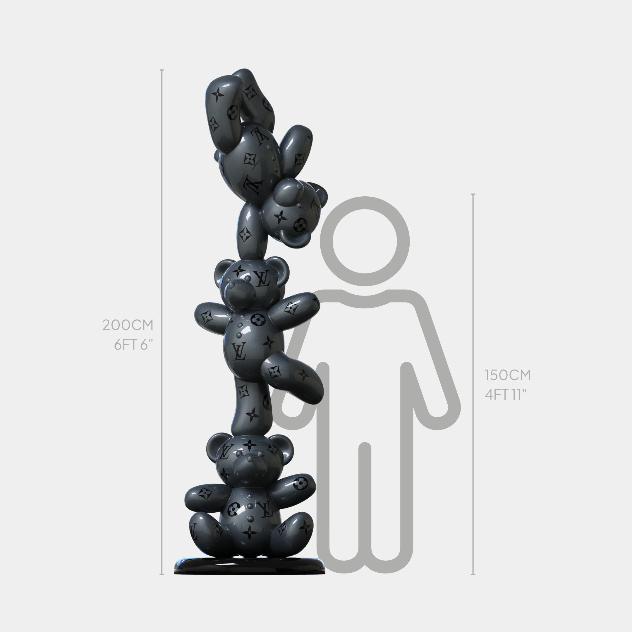 The Gacko Grey LV Triple Bear Sculpture by Giant Sculptures stands 200 cm tall beside a grey outline of a 150 cm person for scale, showing the impressive height of this stacked designer bear artwork.