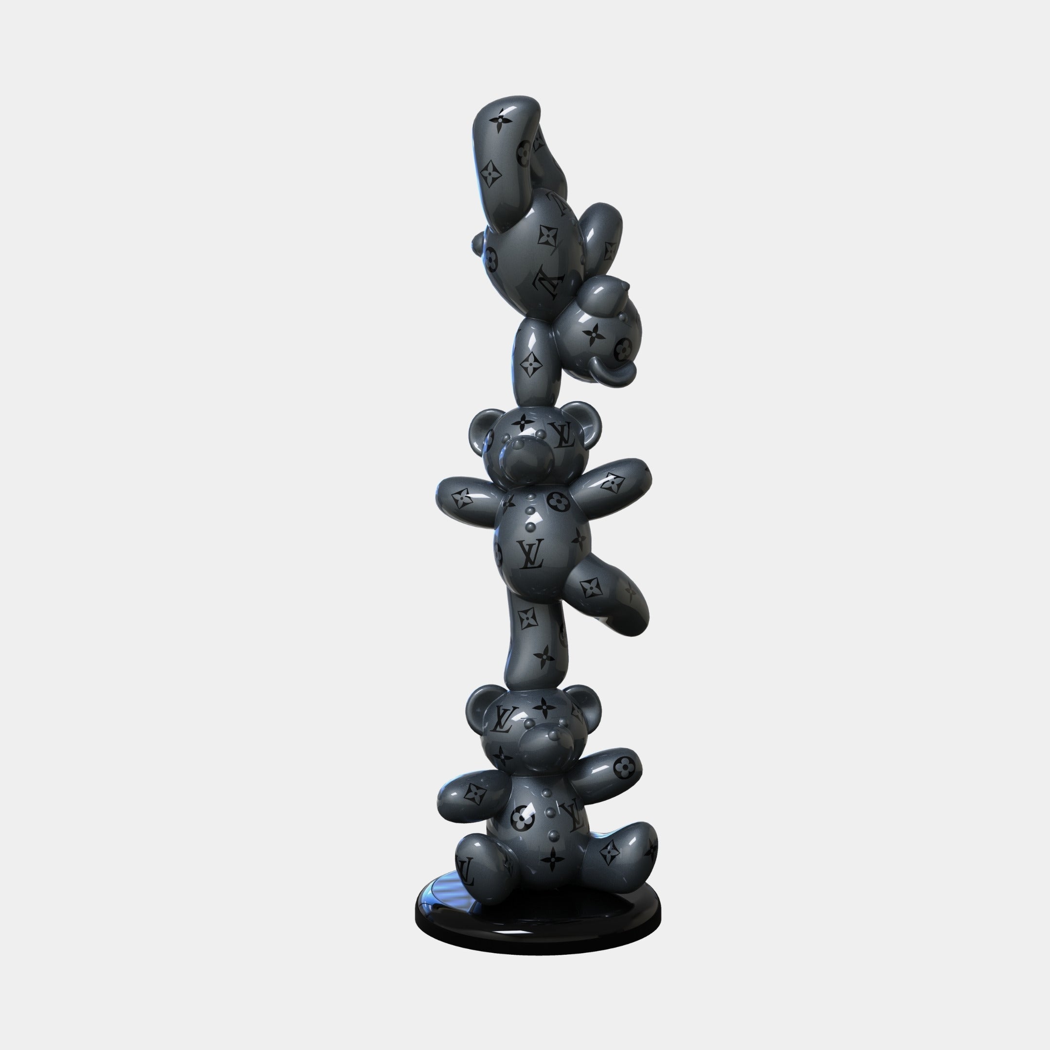 The Gacko Grey LV Triple Bear Sculpture - 90cm by Giant Sculptures features three glossy, dark grey balloon-style bears with black LV logos, stacked on a round base for a bold pop art display.