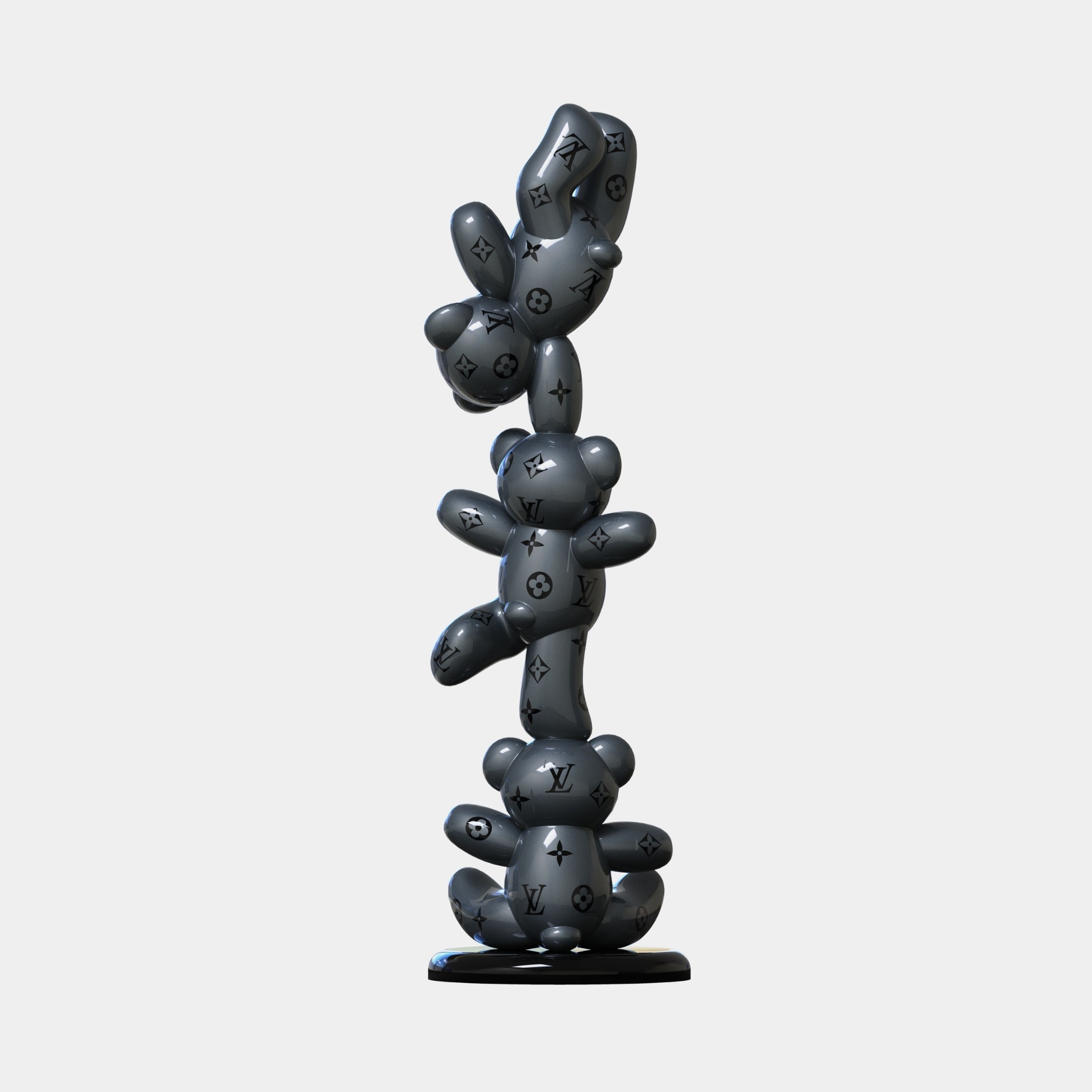 The Gacko Grey LV Triple Bear Sculpture - 90cm by Giant Sculptures is a tall, shiny, dark gray pop art piece with stacked bears and a Louis Vuitton monogram pattern, displayed on a circular base against a plain white background.