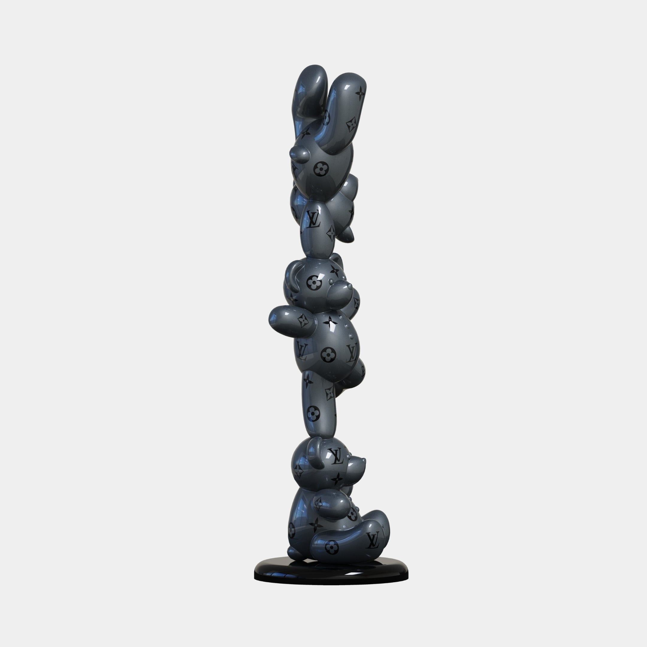 The Gacko Grey LV Triple Bear Sculpture - 90cm by Giant Sculptures features shiny grey balloon bears stacked vertically, each with a repeating Louis Vuitton logo pattern, standing on a round black base against a white background.