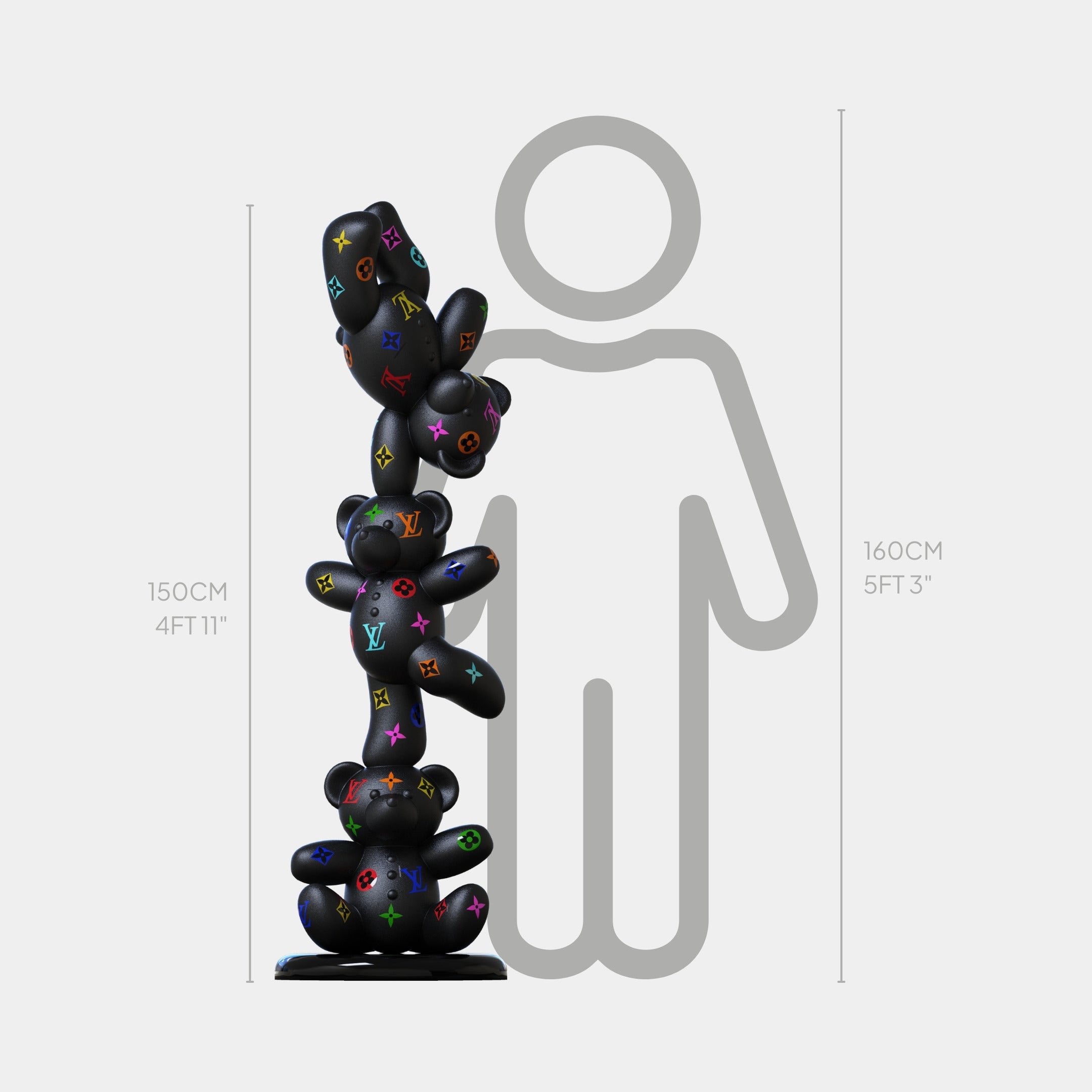 The Gacko Matte Multicoloured LV Triple Bear Sculpture by Giant Sculptures features stacked black bears with vibrant patterns, stands 150 cm tall, and is shown beside a 160 cm grey human silhouette for scale.