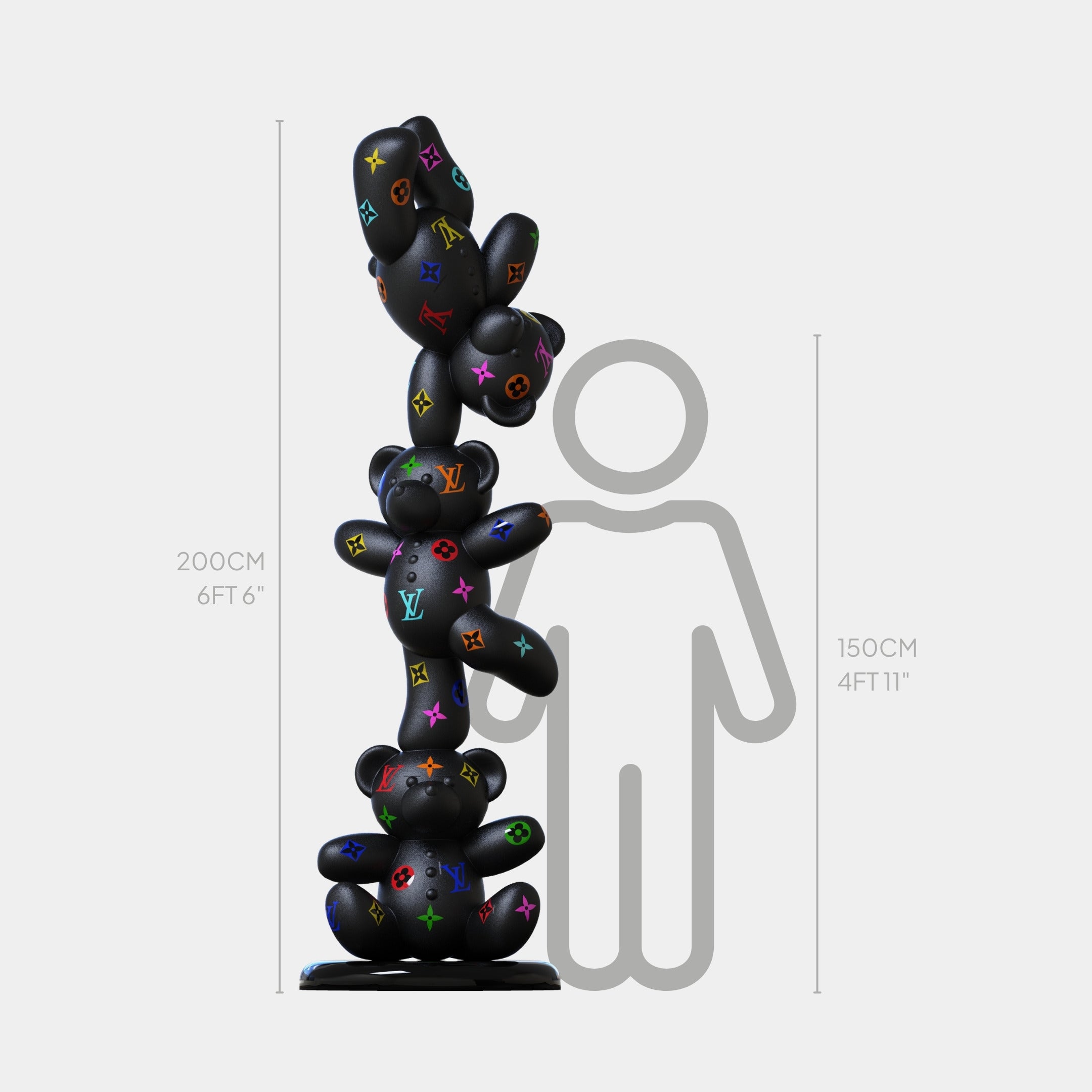 A tall, black Gacko Matte Multicoloured LV Triple Bear Sculpture by Giant Sculptures (200cm) with colorful designer logos stands beside a 150cm gray human silhouette for scale.