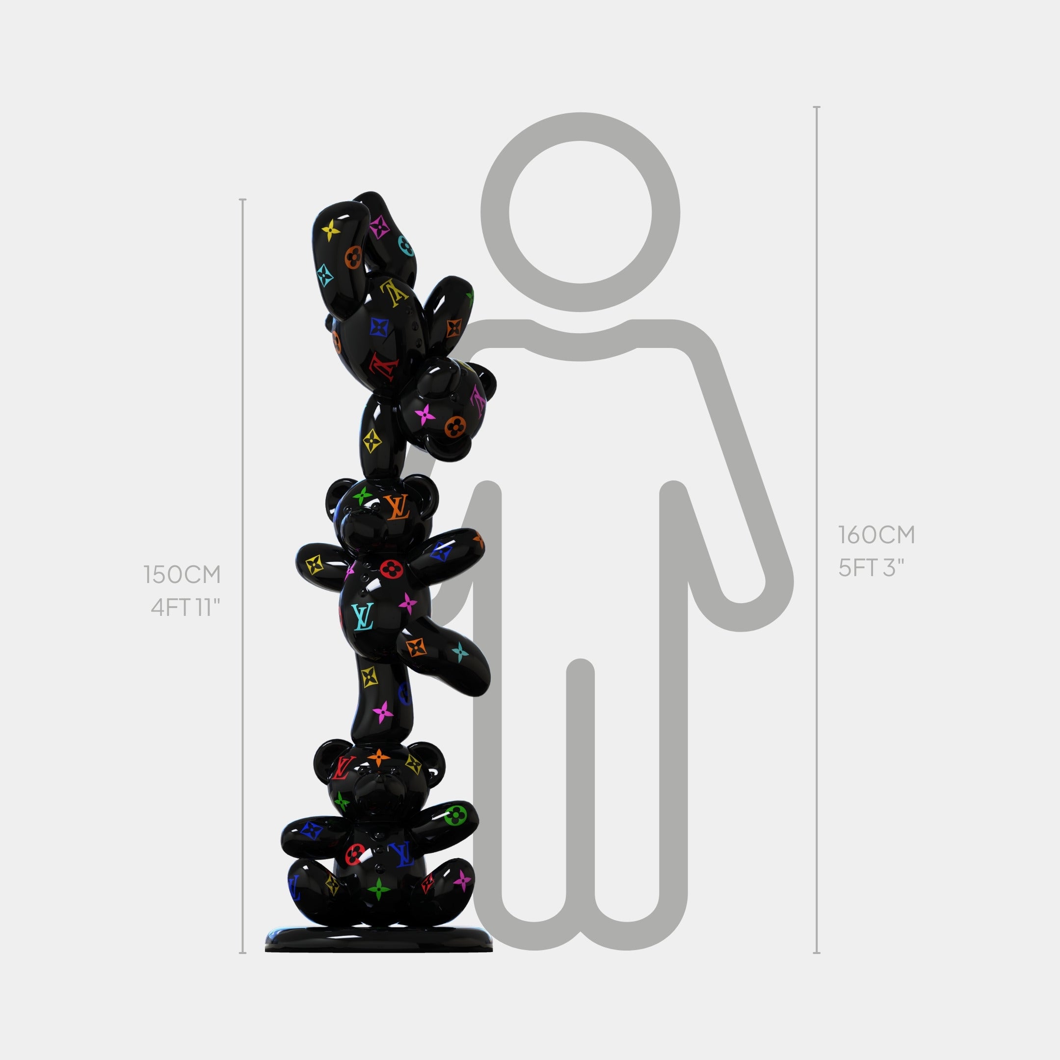 The Gacko Multicoloured LV Triple Bear Sculpture by Giant Sculptures stands 150 cm (4 ft 11 in) tall, beside a 160 cm (5 ft 3 in) gray person outline for scale, and features vibrant designer patterns in a contemporary pop art style.