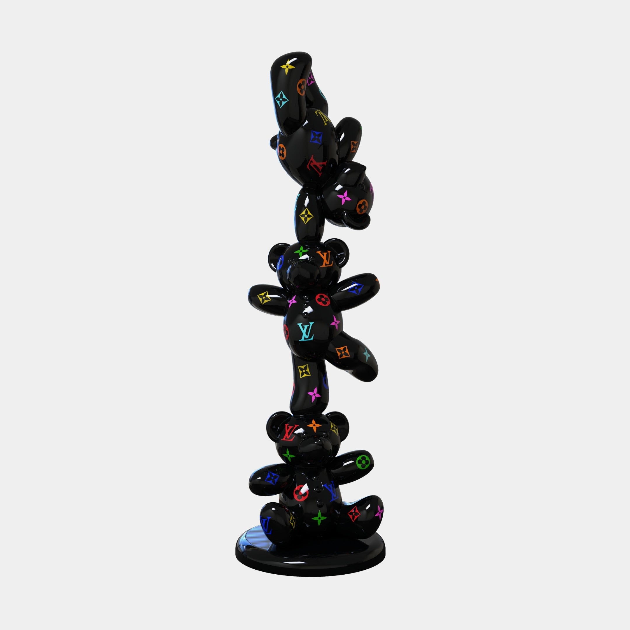 The Gacko Multicoloured LV Triple Bear Sculpture by Giant Sculptures is a 90cm tall glossy black bear with colorful Louis Vuitton logos and shapes, set on a circular black base against a plain background.