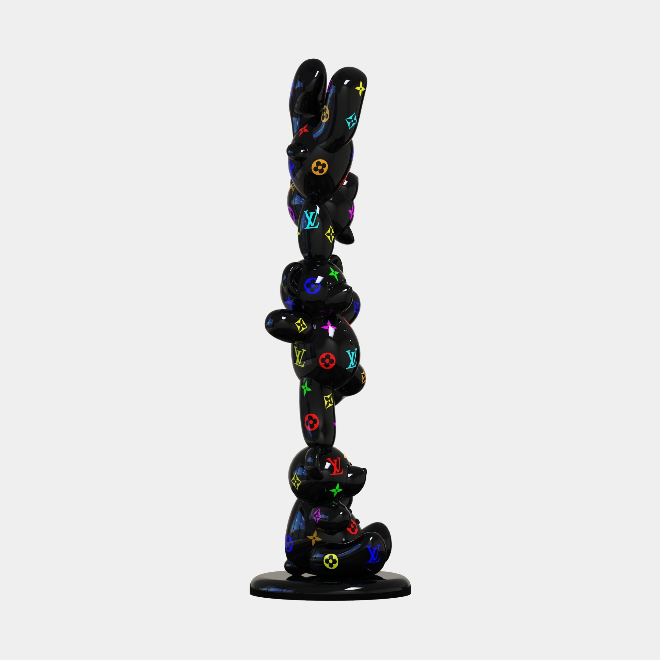 A glossy black pop art bear sculpture with abstract shapes and colorful Louis Vuitton-inspired logos, reminiscent of the Gacko Multicoloured LV Triple Bear Sculpture - 90cm by Giant Sculptures, stands vertically on a round base against a plain white background.