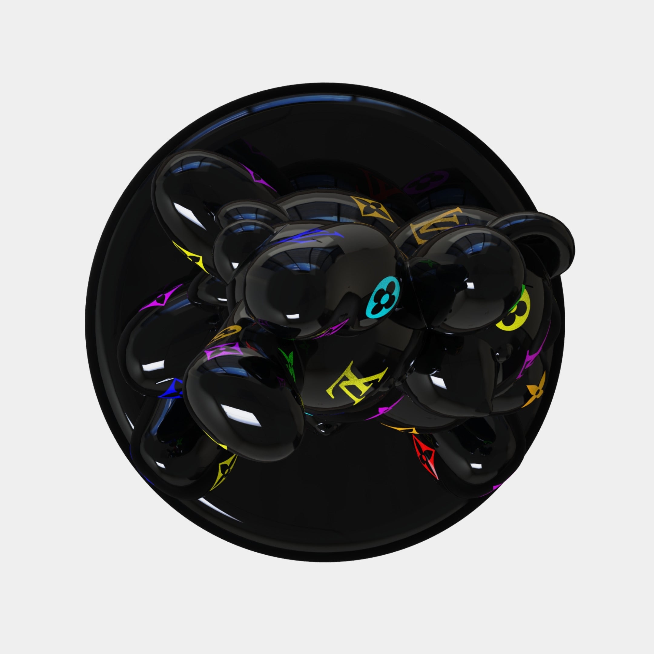 The Gacko Multicoloured LV Triple Bear Sculpture by Giant Sculptures is a 200cm pop art bear featuring vibrant neon symbols on glossy black, seated on a round base against a light gray backdrop.