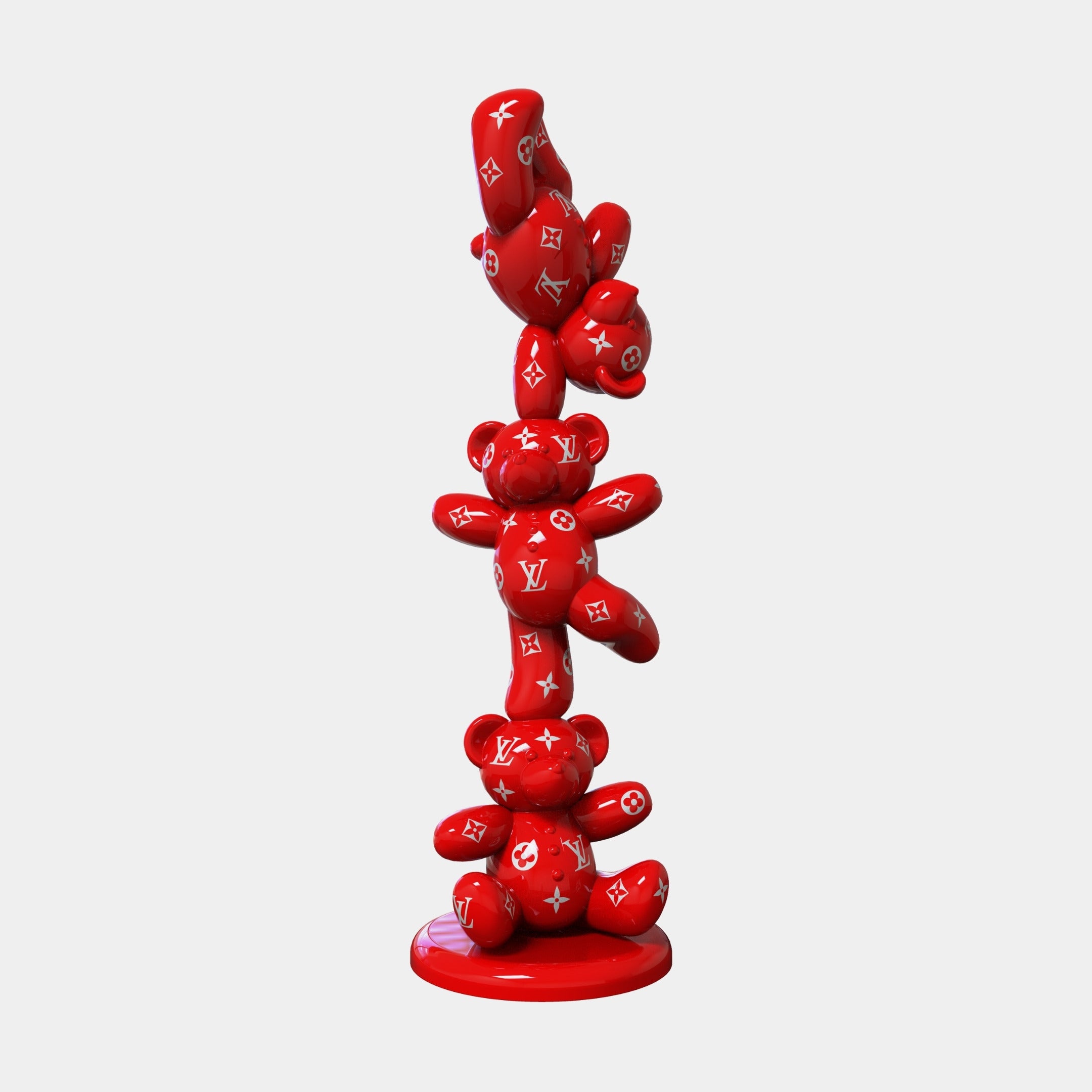 The Gacko Rouge LV Triple Bear Sculpture by Giant Sculptures stands 90cm tall, featuring three shiny red teddy bears with white Louis Vuitton logos stacked on a round base—a playful, luxurious decor piece.