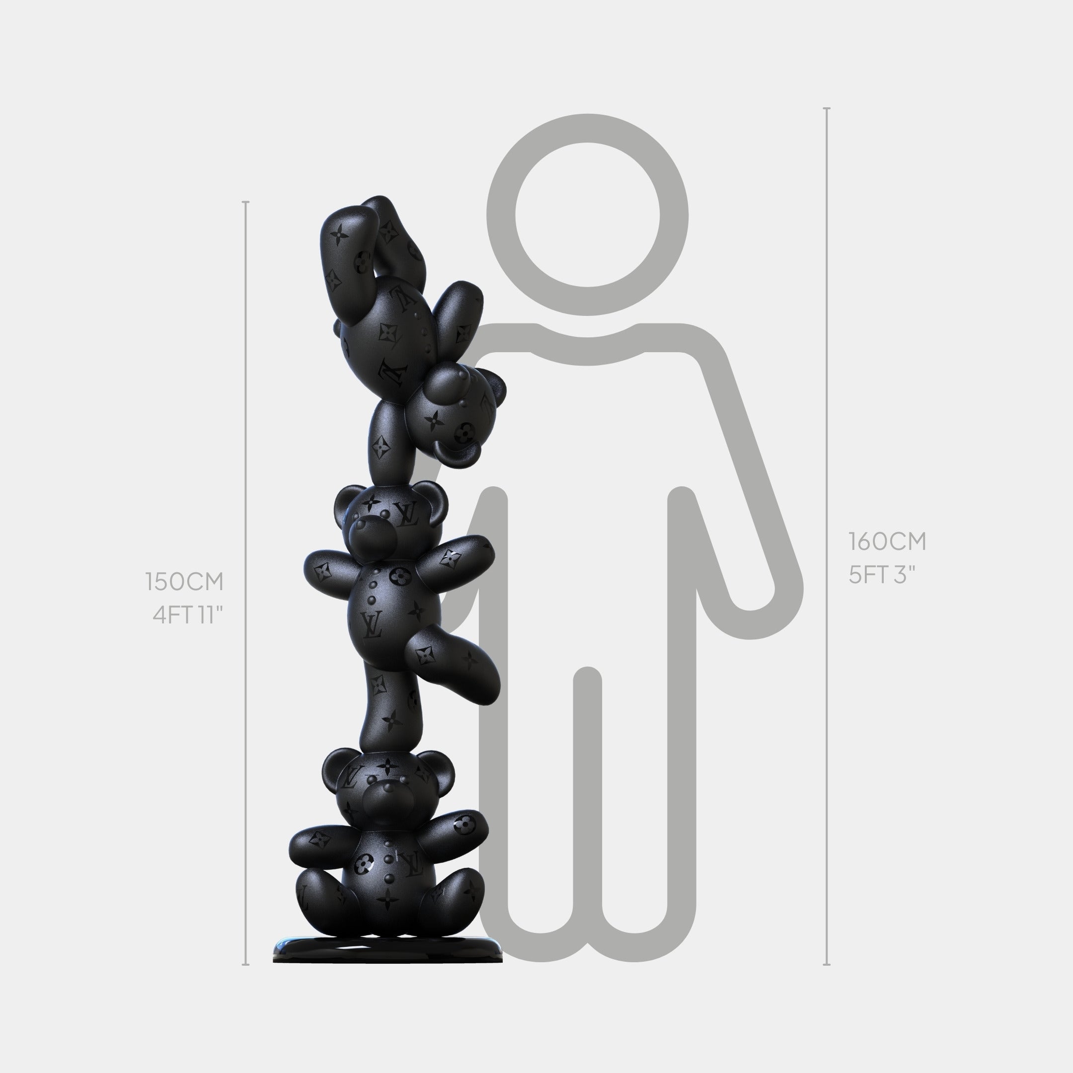 The Gacko Matte Black LV Triple Bear Sculpture by Giant Sculptures stands 150 cm tall, shown beside a 160 cm silhouette for scale—a striking matte black Pop Art piece perfect for contemporary decor.