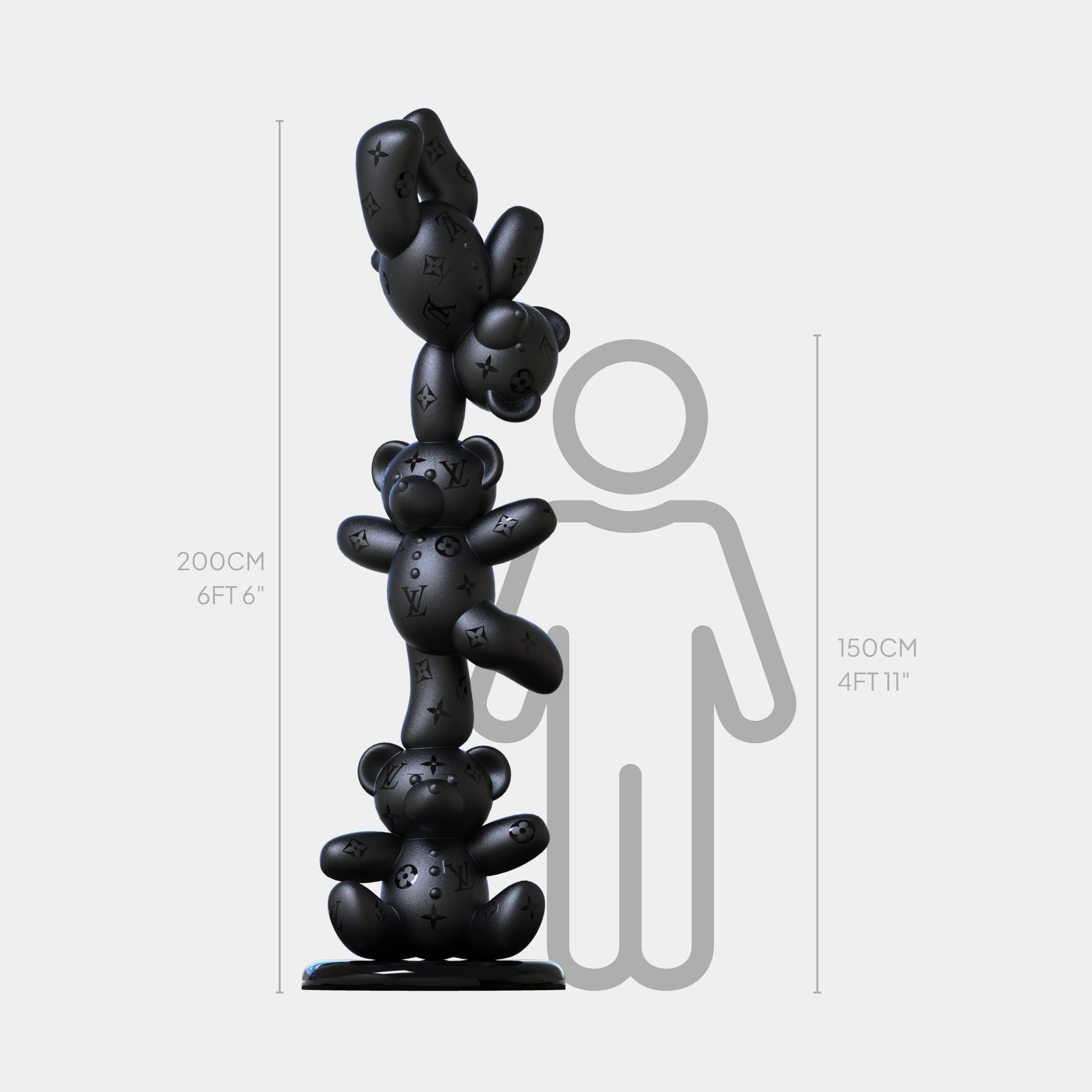 The Gacko Matte Black LV Triple Bear Sculpture by Giant Sculptures features four stacked black bears with a shiny embossed finish, stands 200 cm (6 ft 6 in) tall, and is shown next to a grey outline of a person for scale.