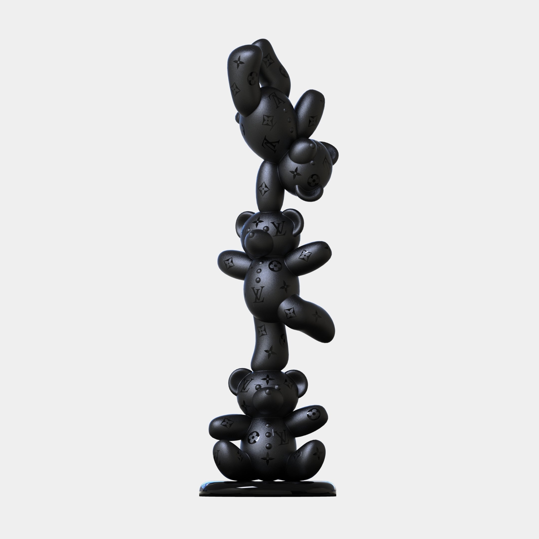 The Gacko Matte Black LV Triple Bear Sculpture by Giant Sculptures is a 90cm contemporary pop art piece featuring three vertically stacked teddy bears with embossed Louis Vuitton-like patterns, crafted from fibreglass against a light grey background.