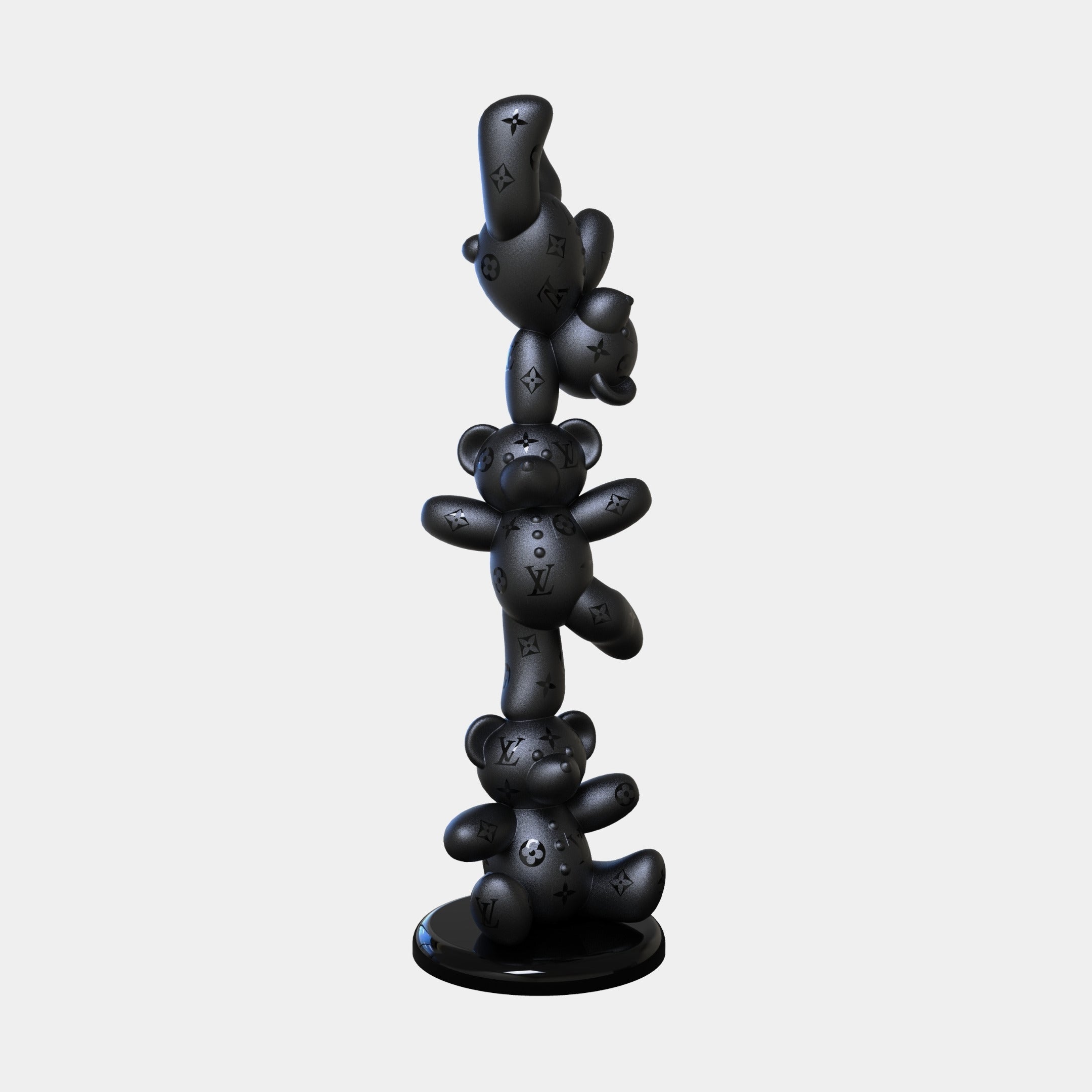 The Gacko Matte Black LV Triple Bear Sculpture by Giant Sculptures features three matte black teddy bears with embossed luxury patterns, stacked vertically on a round black base. This 90cm contemporary pop art piece adds modern flair to any space.