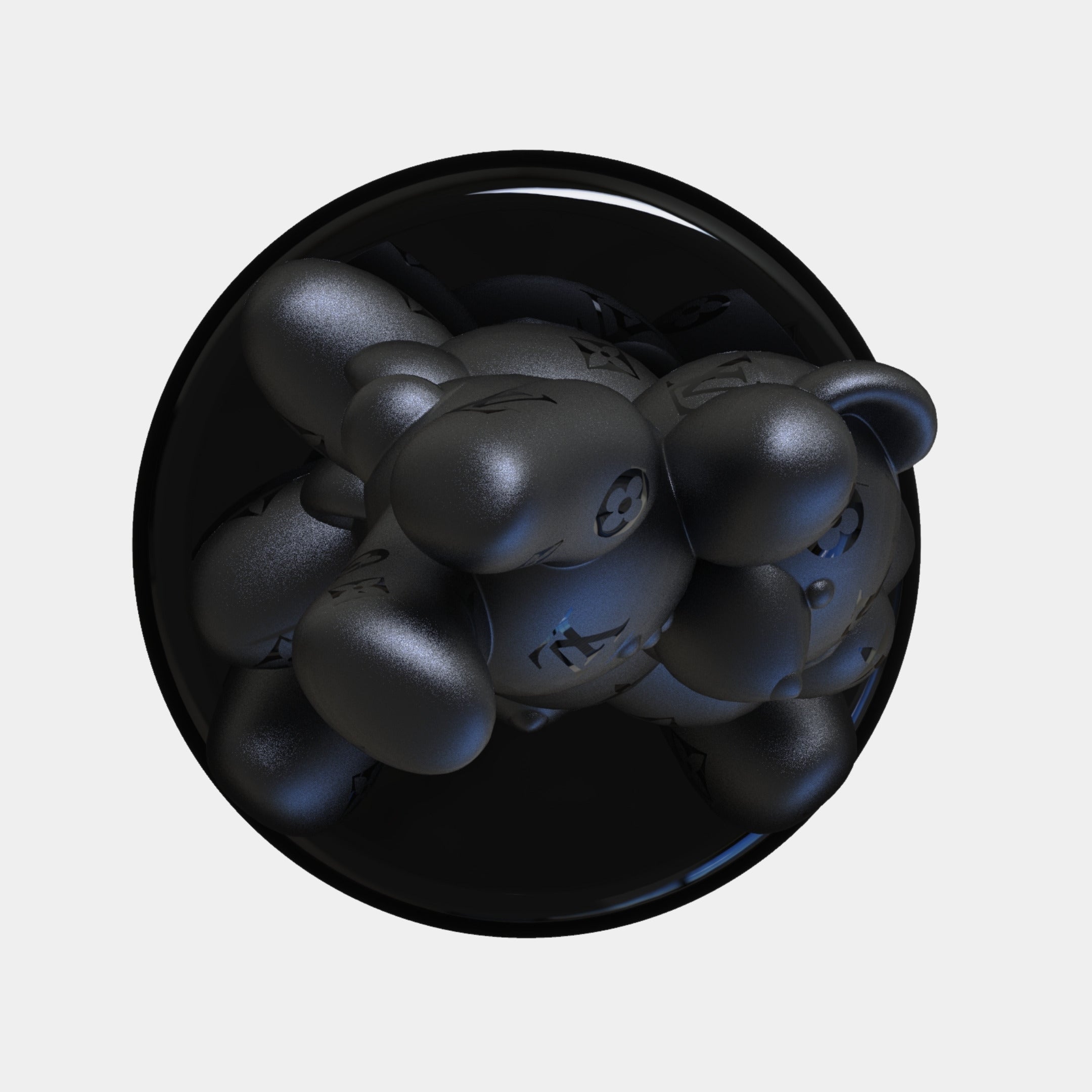 The Gacko Matte Black LV Triple Bear Sculpture by Giant Sculptures features a sleek, irregular design with smooth curves, presented against a plain white background and measuring 90cm.