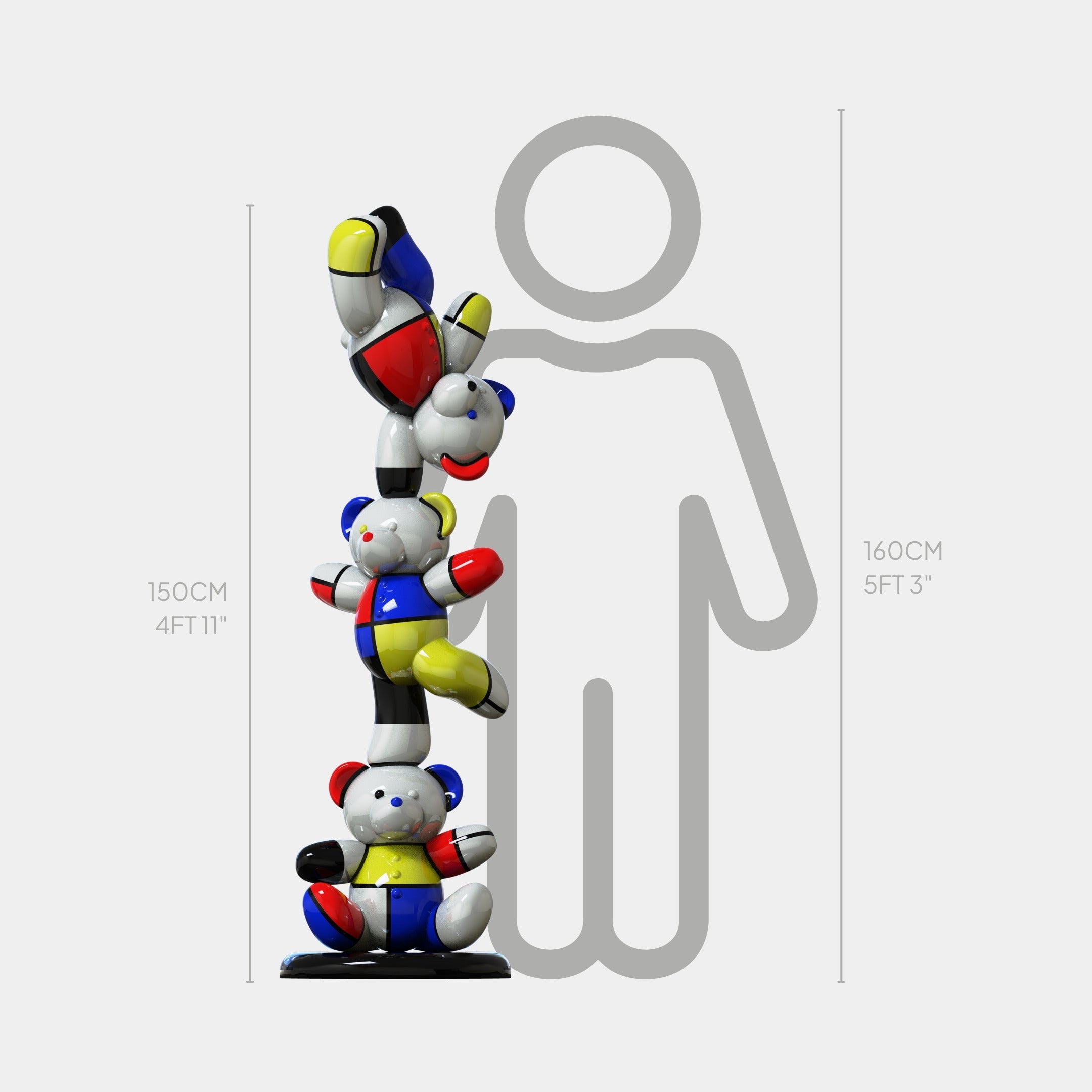 The Gacko Mondrian Triple Bear Sculpture by Giant Sculptures stands 150 cm tall, featuring three colorful, geometric bears in a color-block design. It's shown beside a gray 160 cm outline of a person for scale.