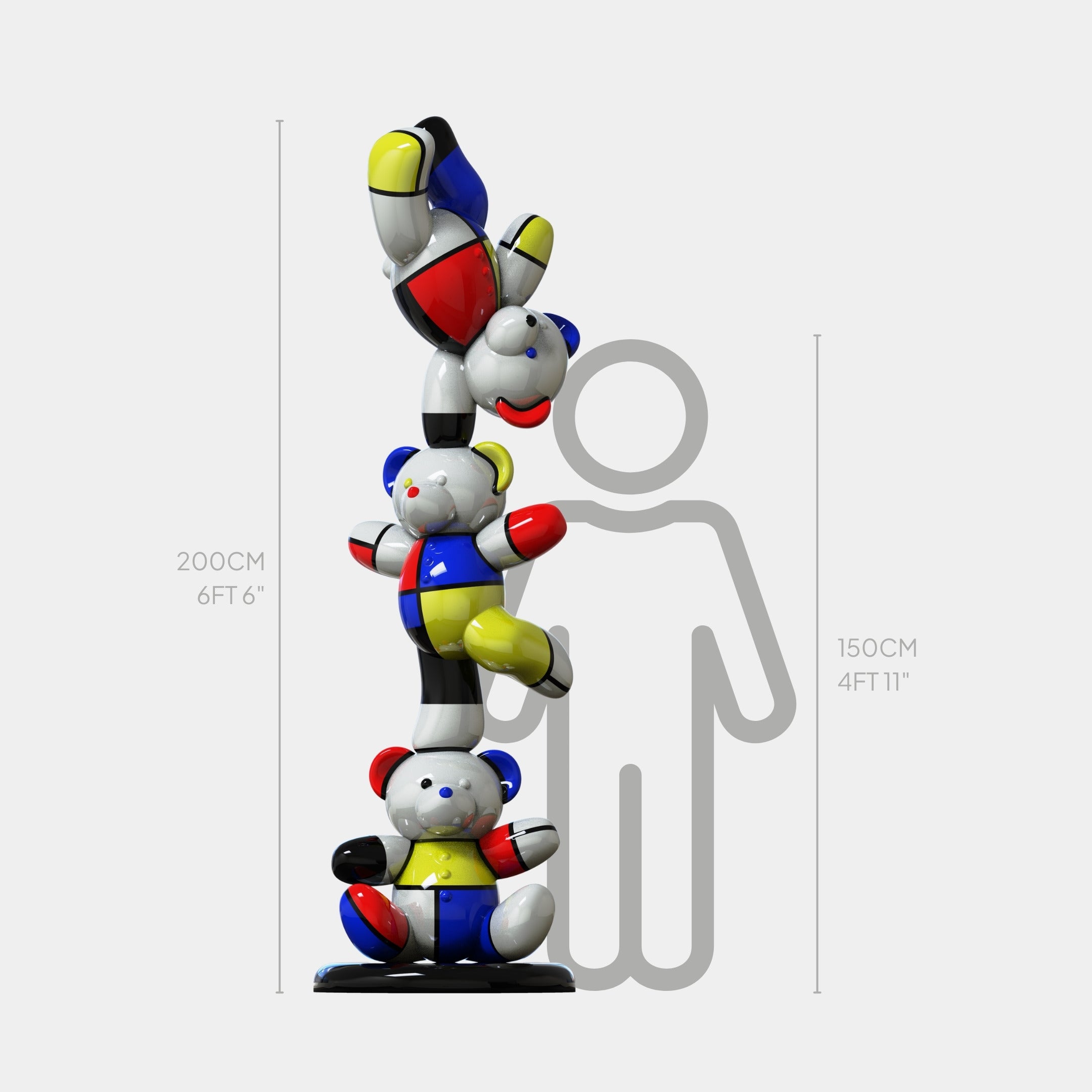The Gacko Mondrian Triple Bear Sculpture by Giant Sculptures stands 200 cm tall, featuring three stacked, colorful bears in geometric pop art style beside a 150 cm person outline on a white background.