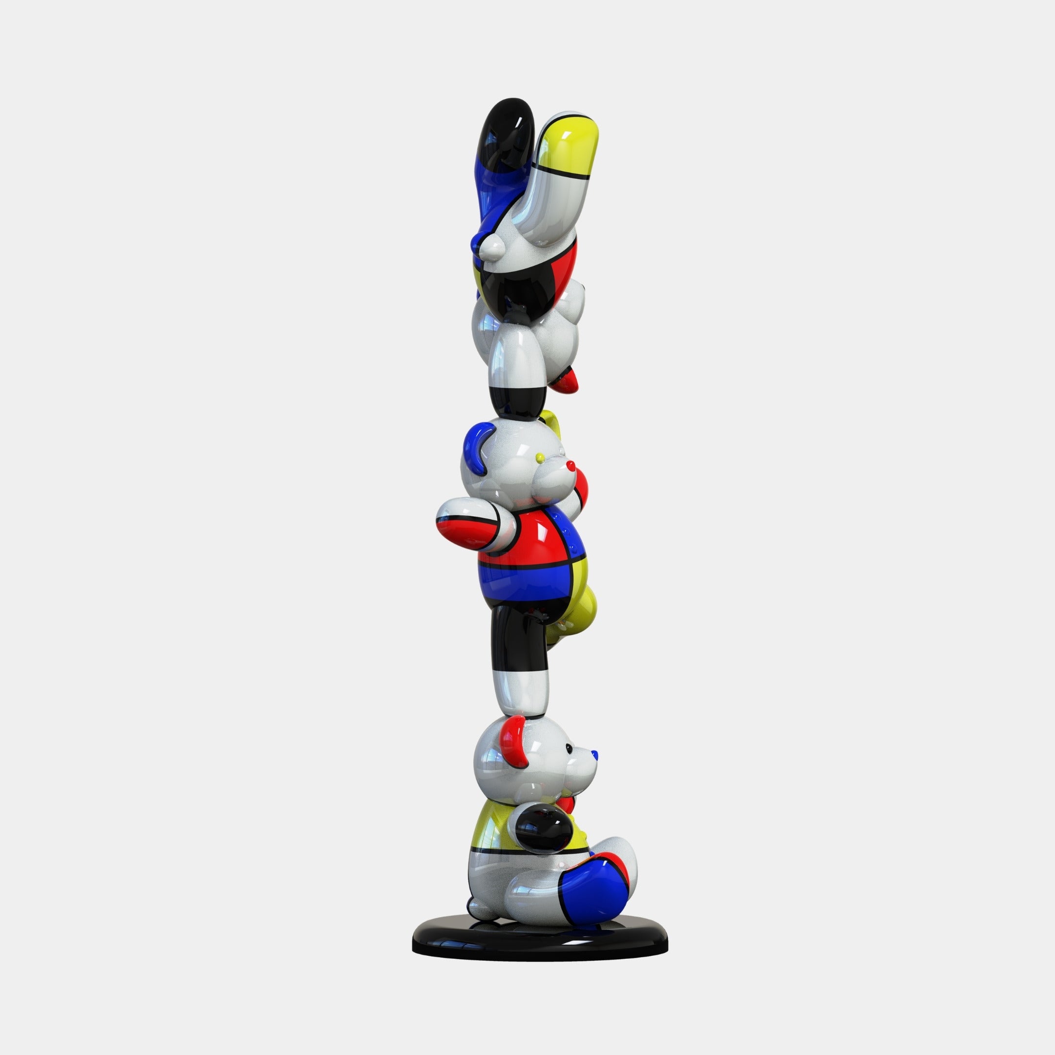 The Gacko Mondrian Triple Bear Sculpture by Giant Sculptures features three stacked bear figures painted in bold primary colors with black accents, showcasing modern abstract style on a plain white background. Height: 150cm.