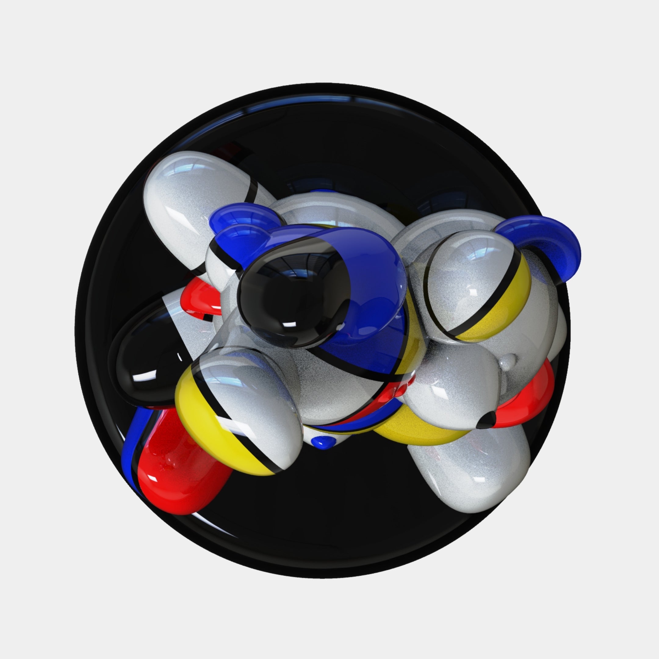 The Gacko Mondrian Triple Bear Sculpture (200cm) by Giant Sculptures features glossy white, blue, black, red, and yellow bears overlapping on a shiny black circular base, reflecting light like a vibrant pop art installation.