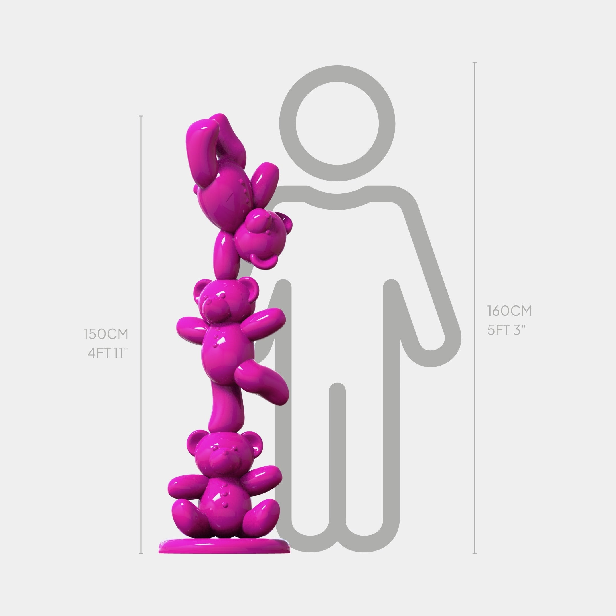 The Gacko Pink Triple Bear Sculpture by Giant Sculptures is a tall, shiny, playful fibreglass piece featuring stacked teddy bears (150cm/4ft 11in), shown beside a 160cm (5ft 3in) person outline for scale.