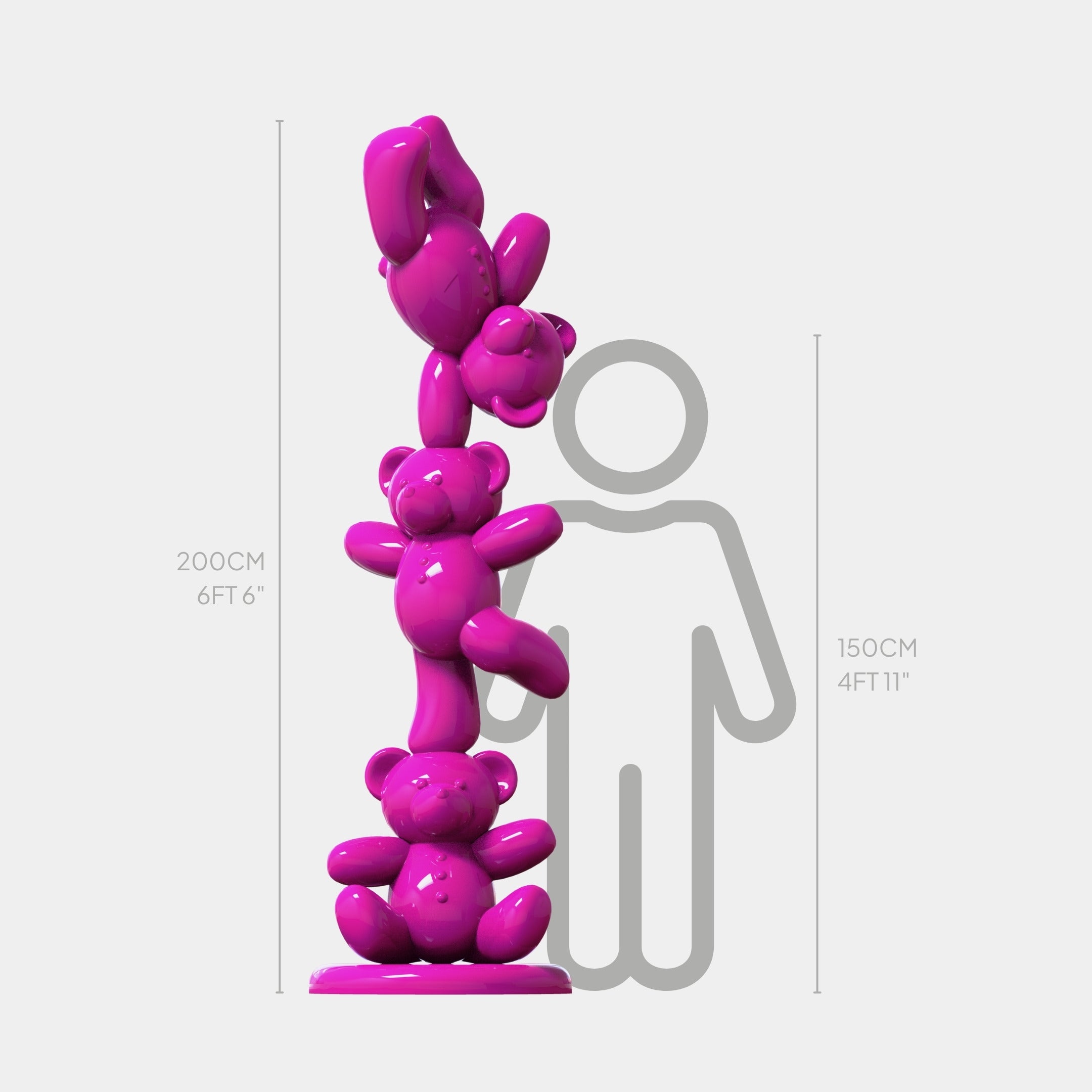 The Gacko Pink Triple Bear Sculpture - 200cm by Giant Sculptures stands glossy and tall beside a 150 cm (4'11") human outline for scale, showing how this Pop Art piece towers over the person.