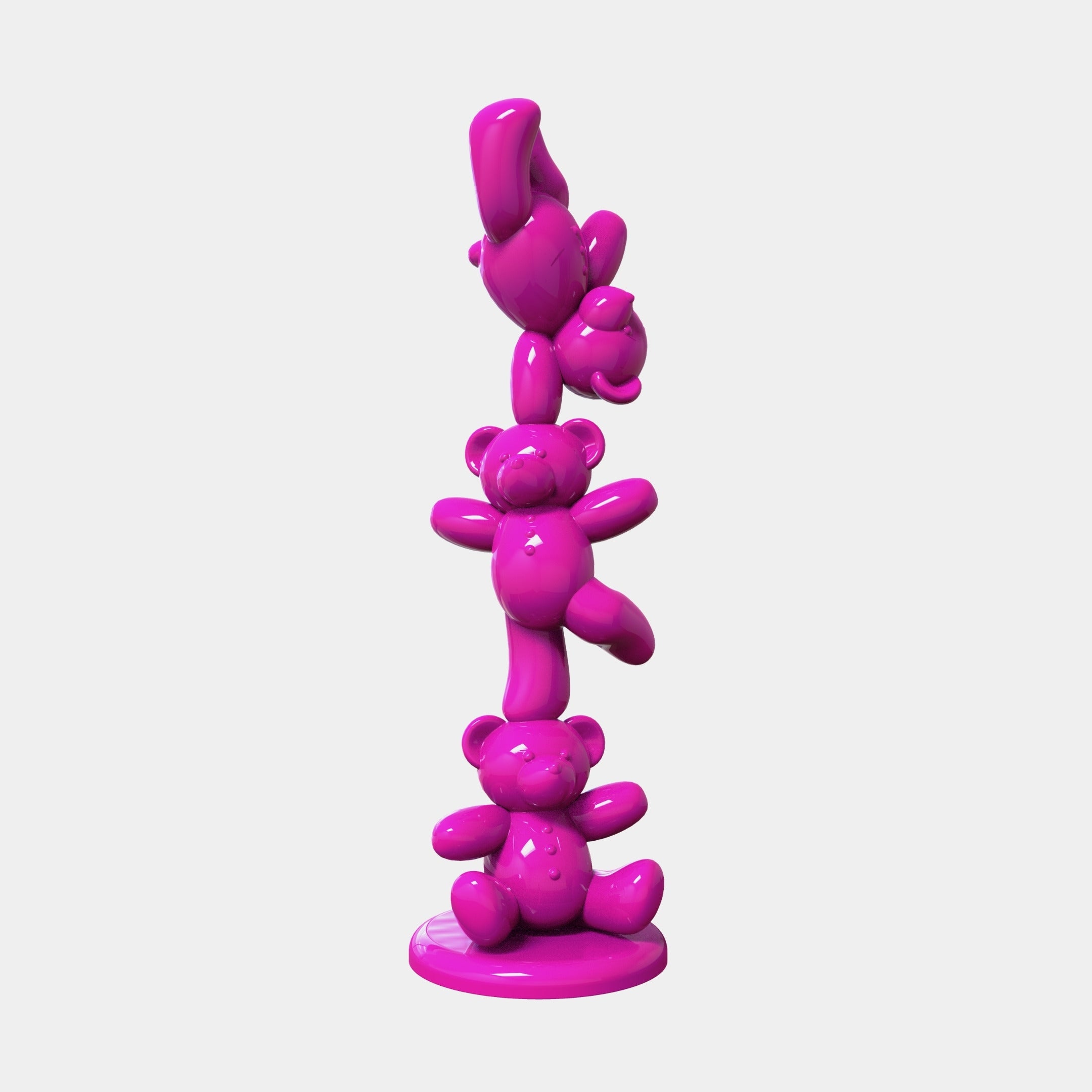 The Gacko Pink Triple Bear Sculpture by Giant Sculptures features three playful pink bears stacked on a round base, with the top bear upside down—an eye-catching 90cm modern art piece for contemporary interiors.