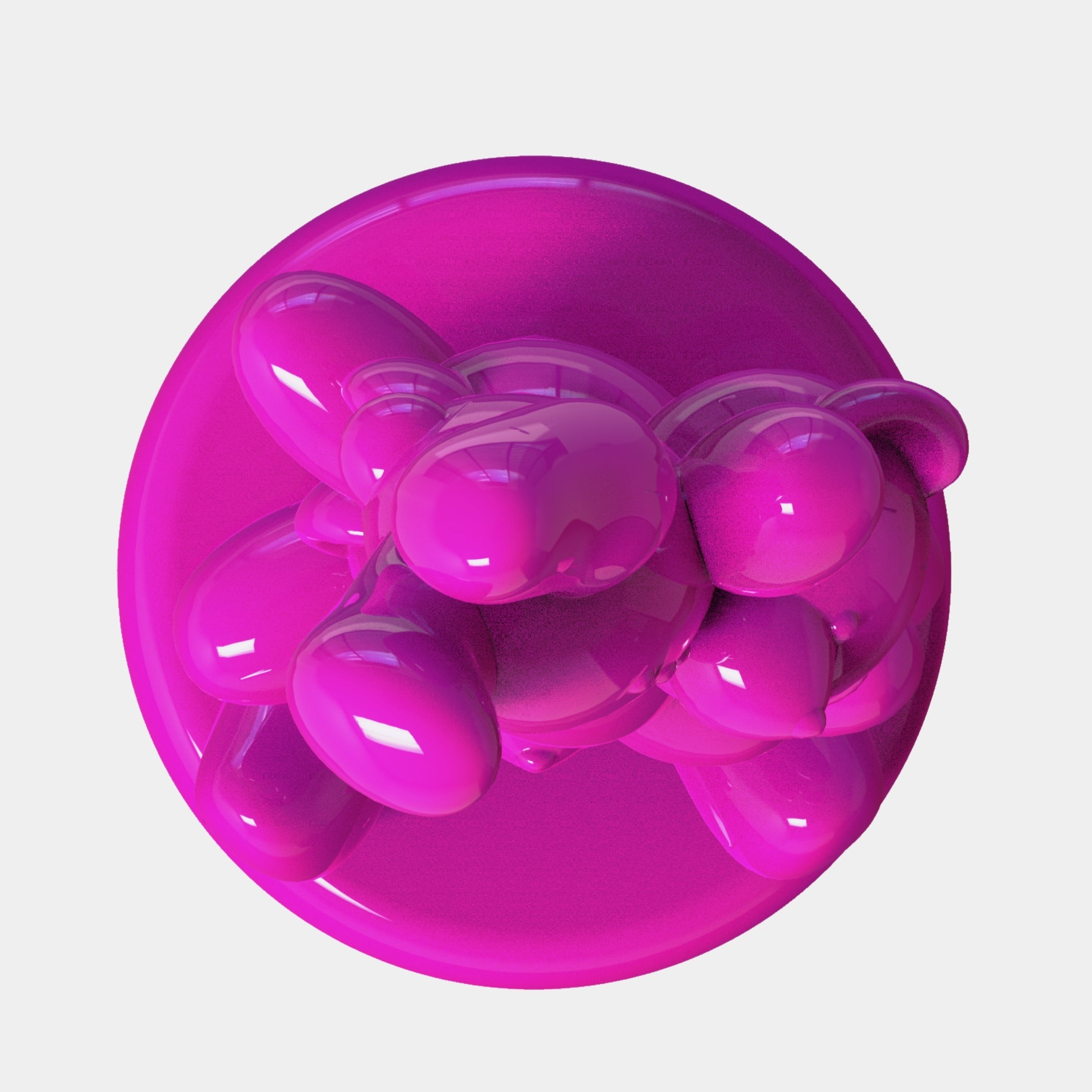A glossy, abstract pink form with rounded, bubble-like clusters sits on a flat circular base, evoking the playful style of Giant Sculptures' Gacko Pink Triple Bear Sculpture - 200cm, set against a clean white background.