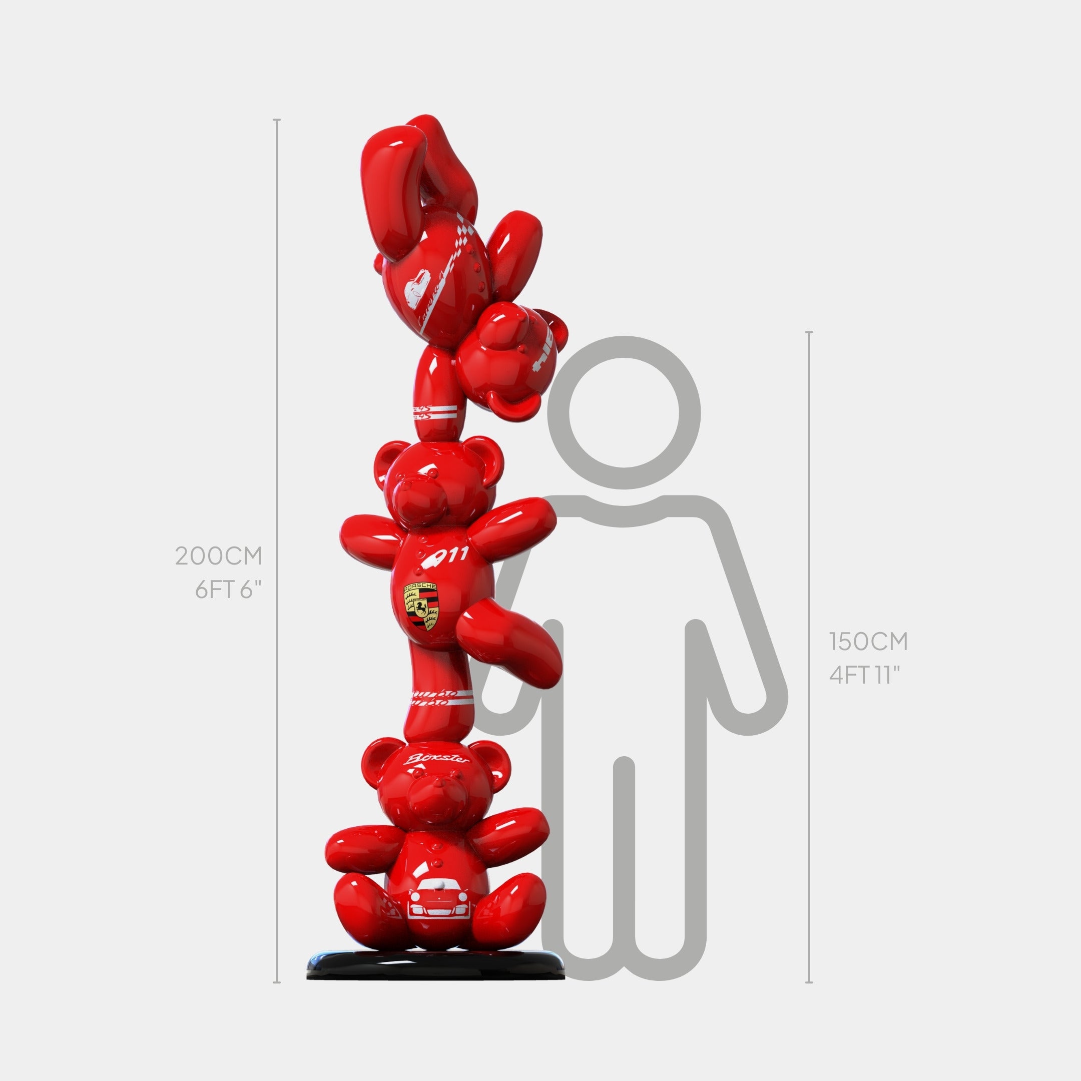 The Gacko Porsche Triple Bear Sculpture by Giant Sculptures stands 200cm tall, featuring three red balloon bears with Porsche logos, beside a height chart and a grey 150cm human outline.