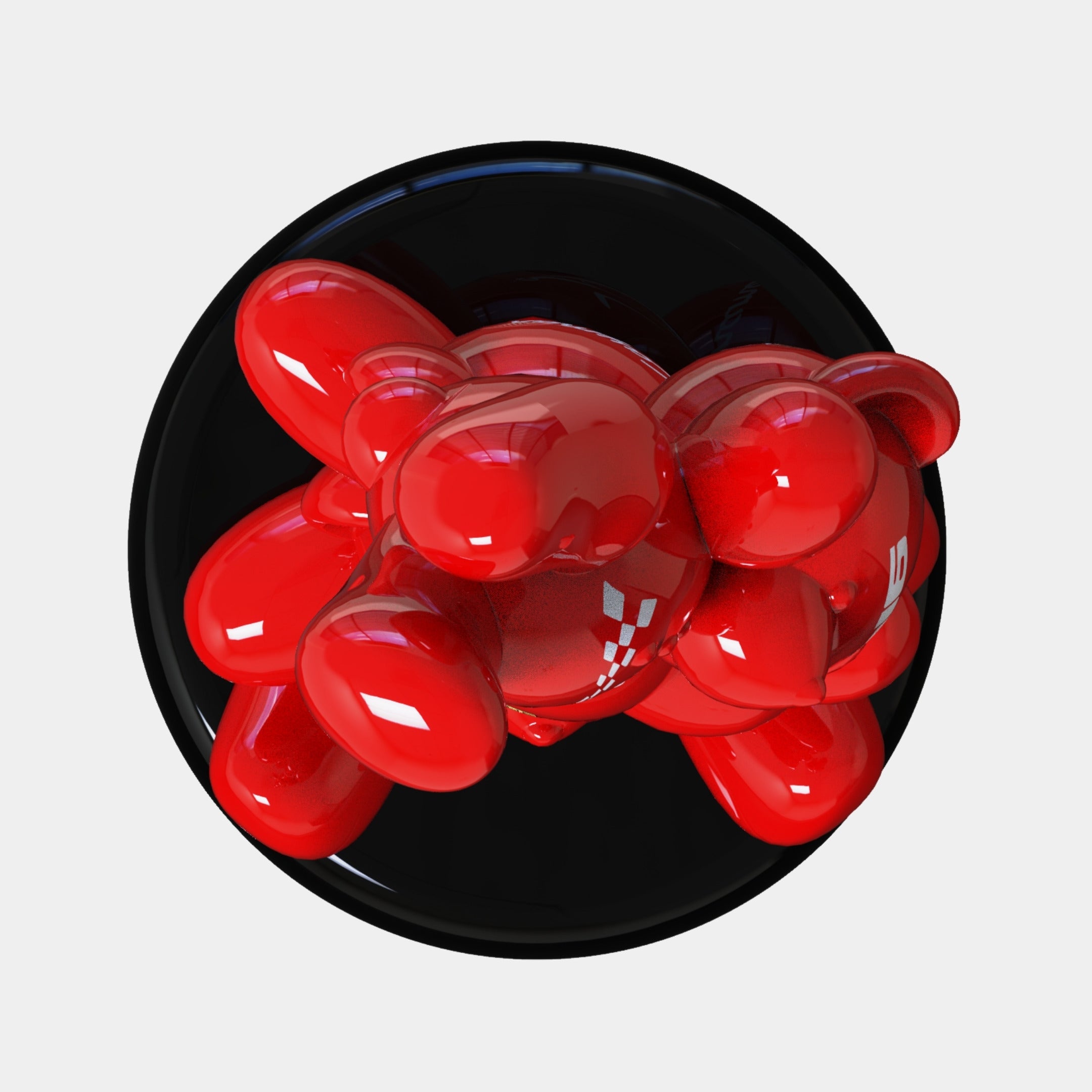 The Gacko Porsche Triple Bear Sculpture - 90cm by Giant Sculptures features a glossy, abstract red bear with balloon-like rounded forms on a shiny black base, seen from above against a white background.