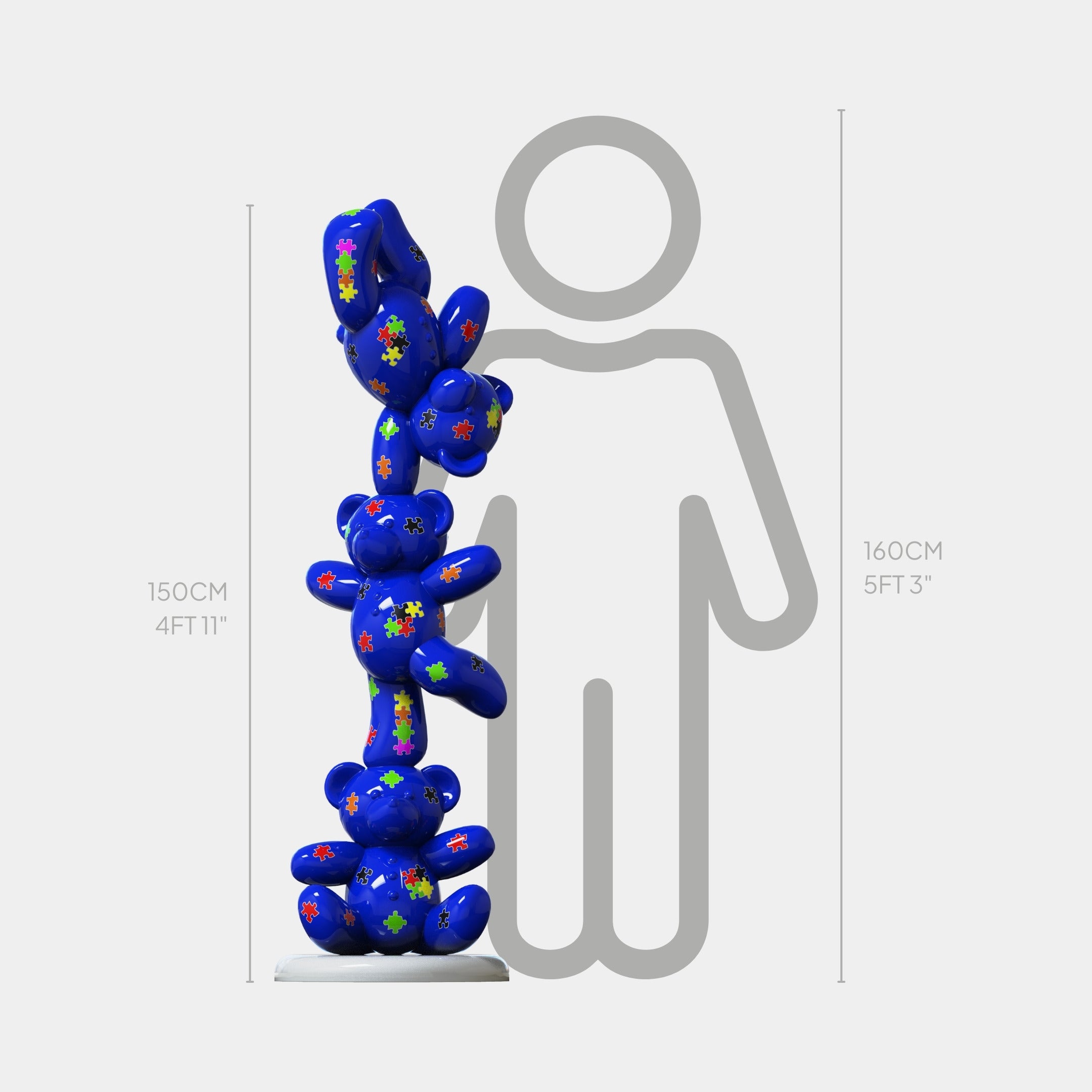 The Gacko Puzzle Triple Bear Sculpture - 150cm by Giant Sculptures features three glossy blue fiberglass teddy bears with colorful flowers, shown beside a person outline for height reference as modern decorative art.