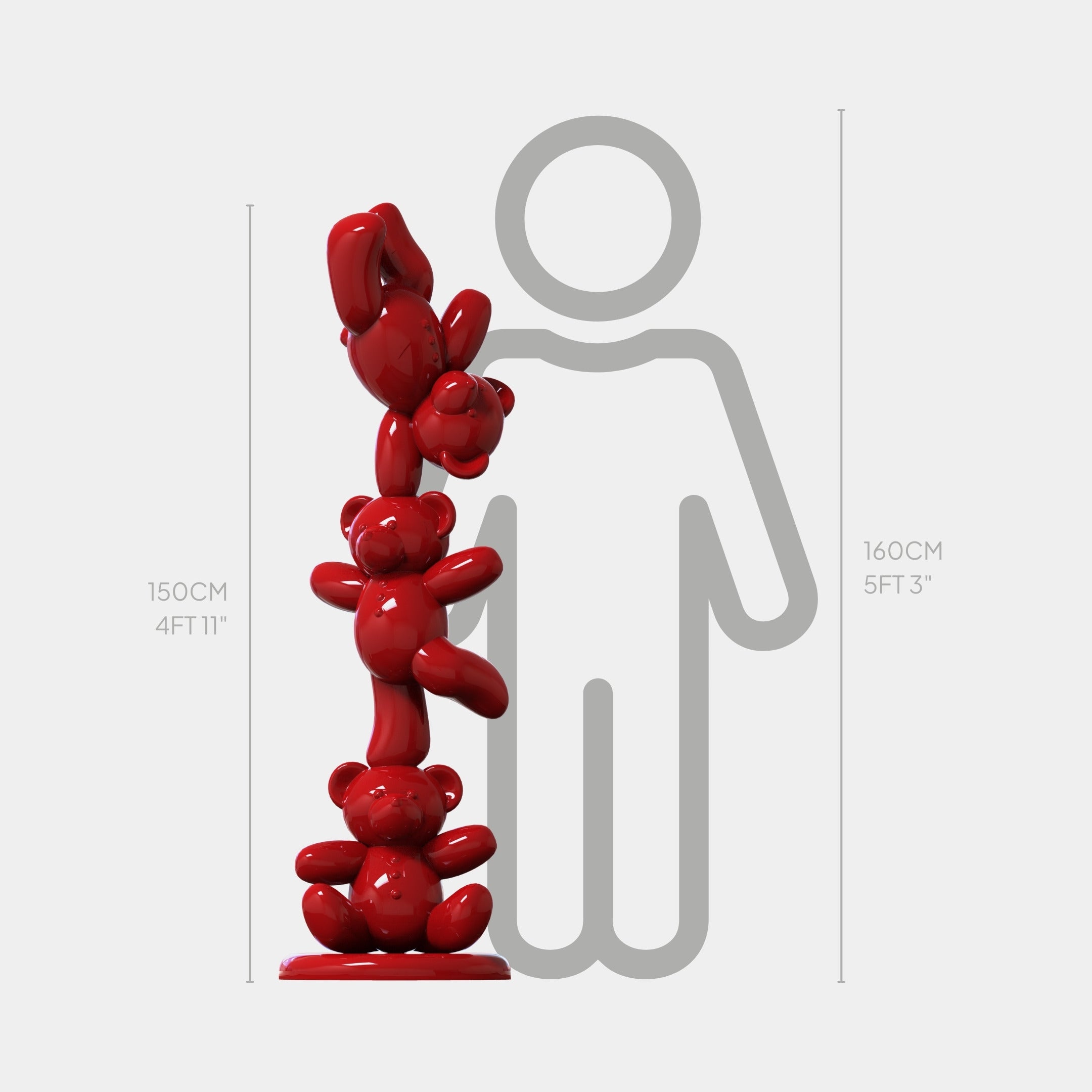 The Gacko Red Triple Bear Sculpture by Giant Sculptures is a contemporary 150cm fibreglass artwork featuring three stacked bears, shown beside a 160cm person for scale.