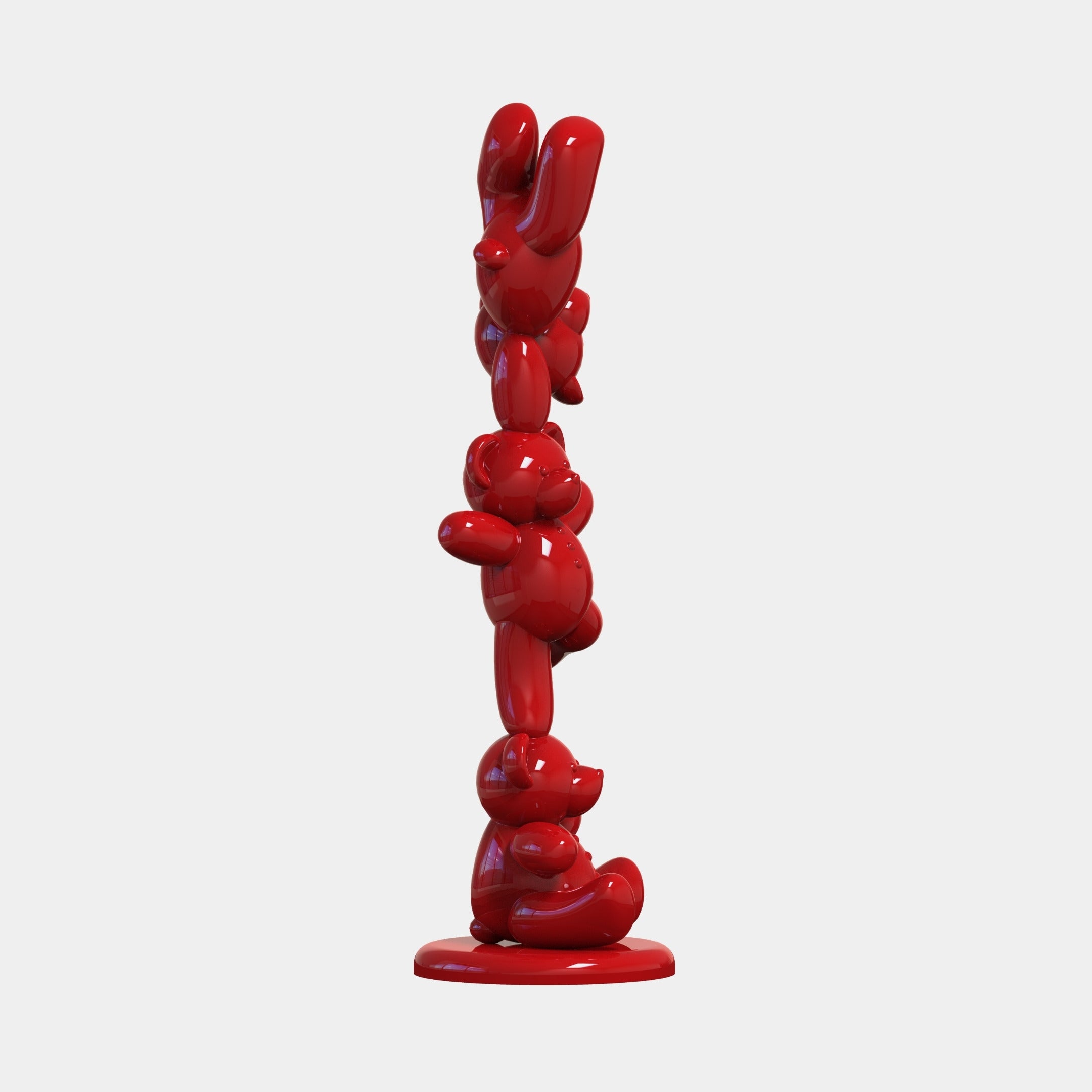 The Gacko Red Triple Bear Sculpture - 150cm by Giant Sculptures features glossy, abstract balloon-like bears stacked vertically on a round base, side view, photographed against a white background—ideal for adding modern flair to any space.