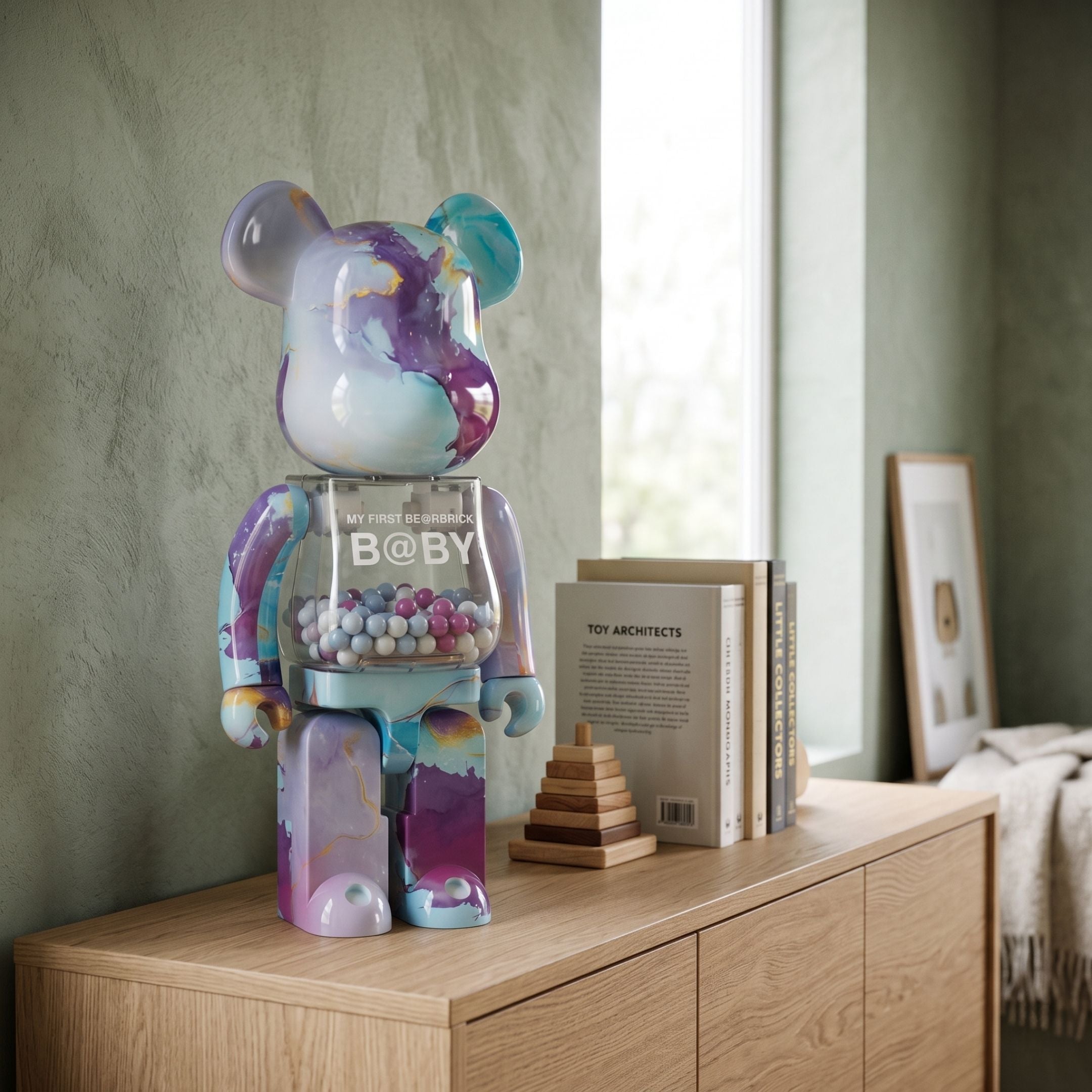Twilight Wave Beads Bear Sculpture, 70cm, in marbled blue and purple resin with a bead-filled transparent chest, displayed on a wooden sideboard beside books and a wooden pyramid decor piece.