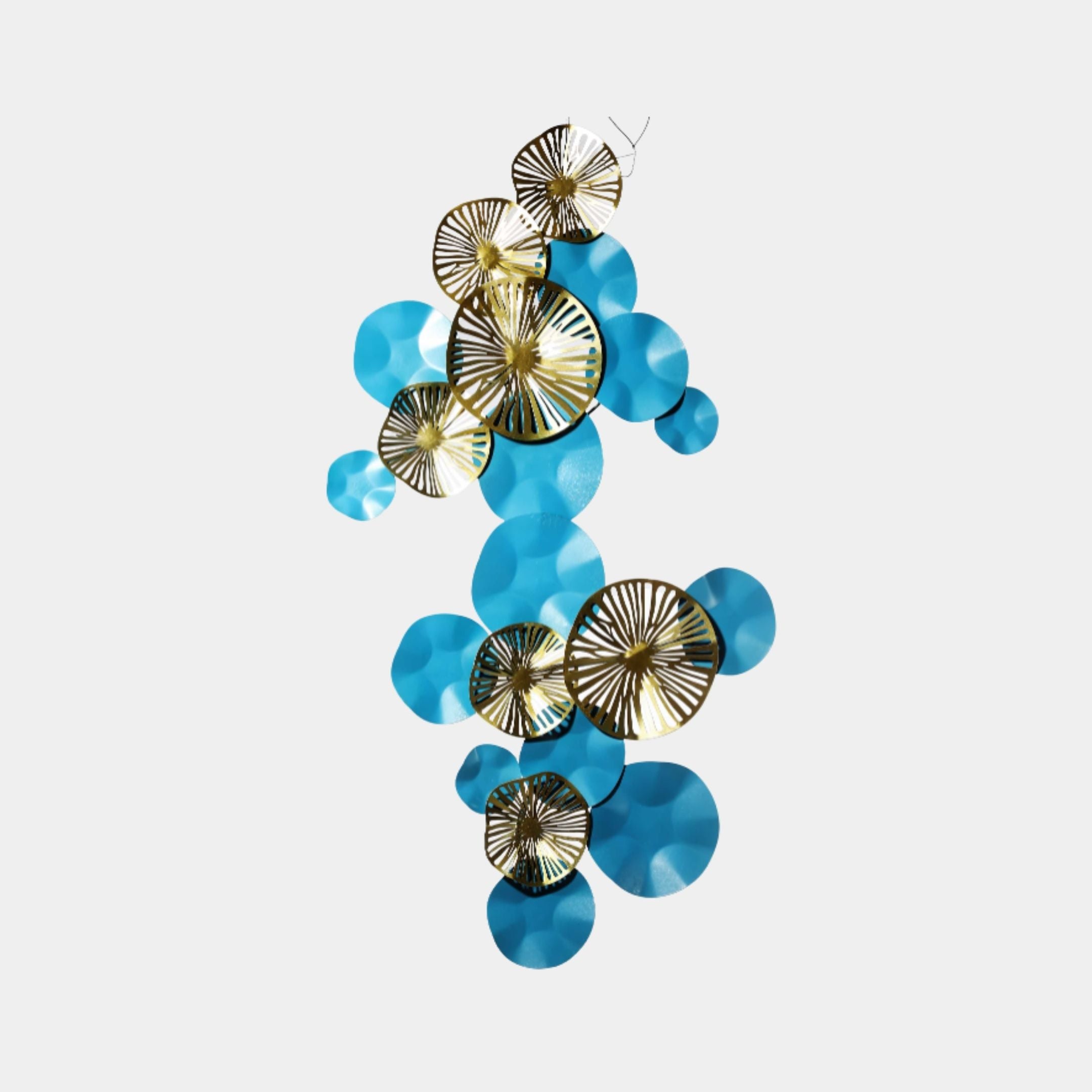 Blue & Gold Lotus Pad Wrought Iron Wall Art by Giant Sculptures, 141cm cascade of turquoise hammered discs and gold filigree spoke circles on white.