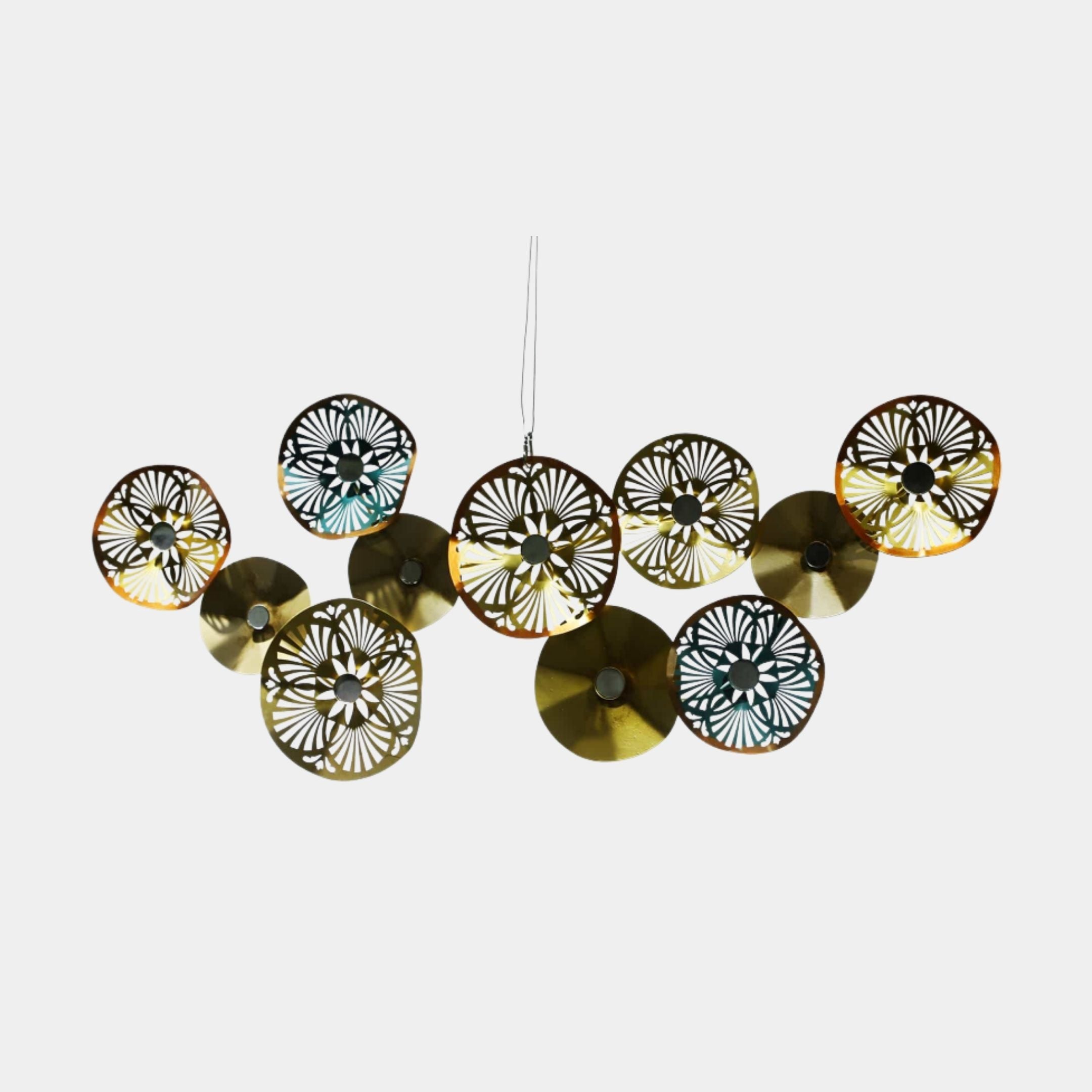 Giant Sculptures Gold Filigree Lotus Disc Wrought Iron Wall Art 120cm, ten overlapping brass and bronze discs with mandala cut-outs, on a white background.
