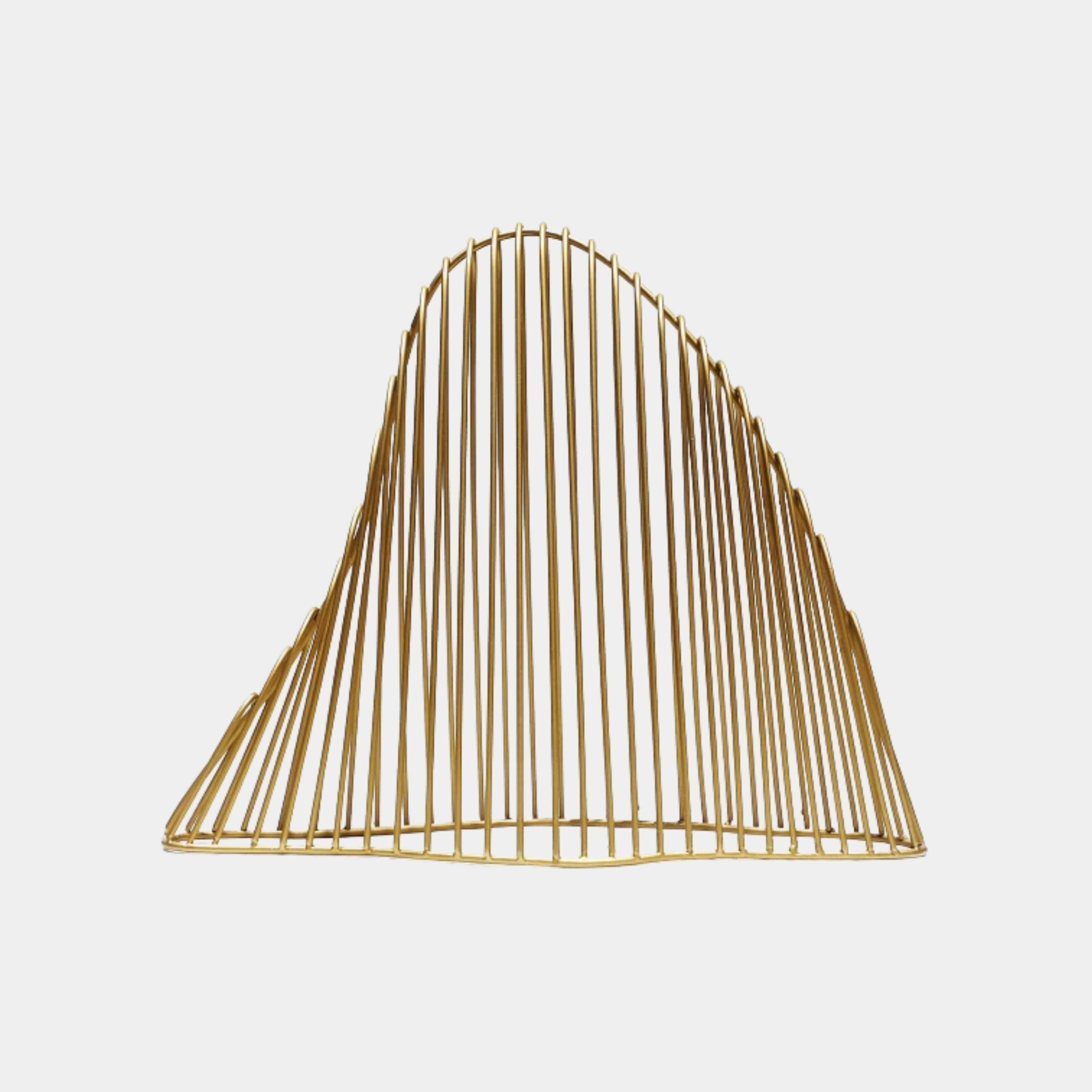 Gold Rod Mountain Peak Metal Sculpture by Giant Sculptures, 35cm, showing parallel gold rods forming a curved mountain silhouette against a plain white background.
