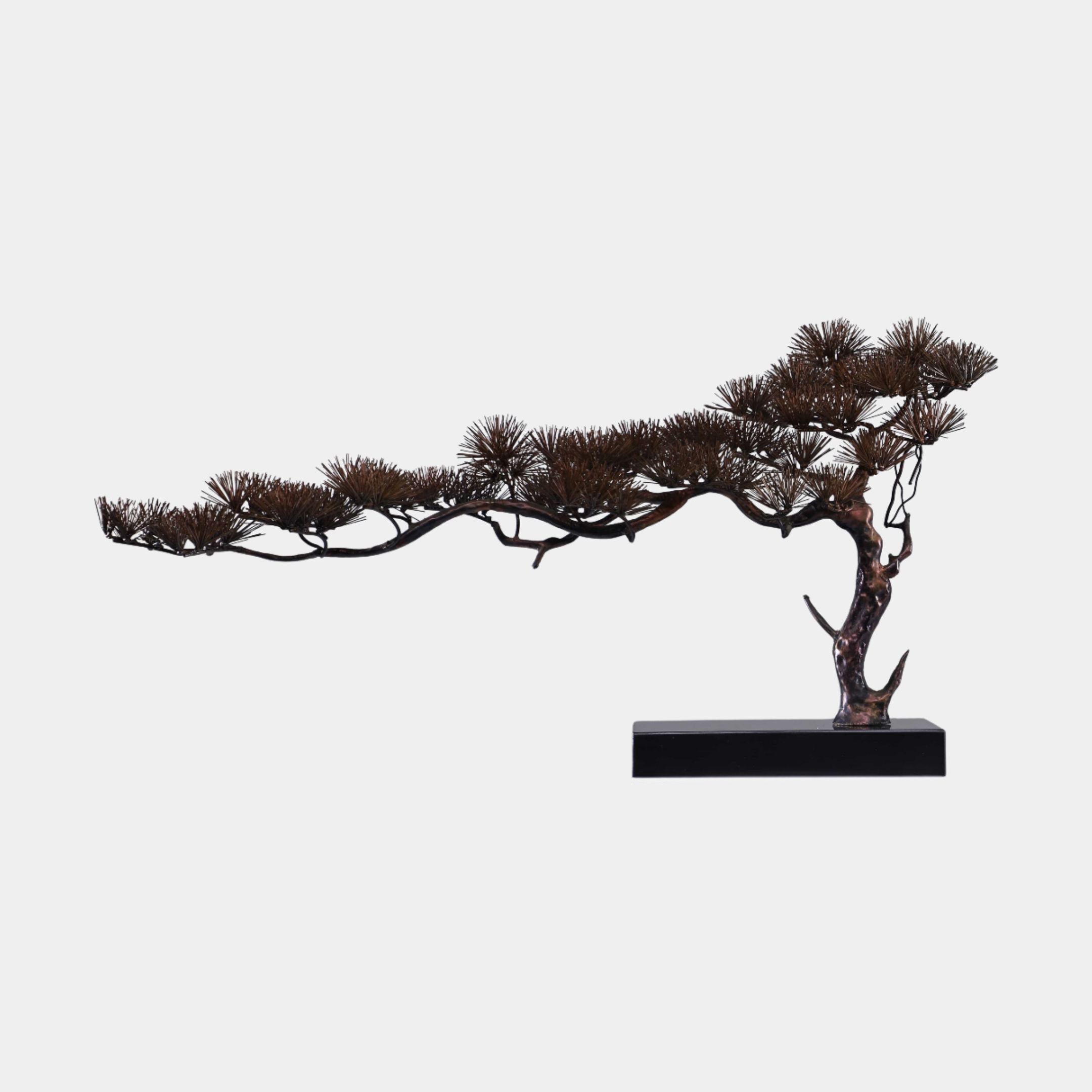 Bronze Needle-Leaf Cascading Pine Bonsai Metal Sculpture by Giant Sculptures, 122cm, with a windswept trunk and golden needle clusters on a black base.