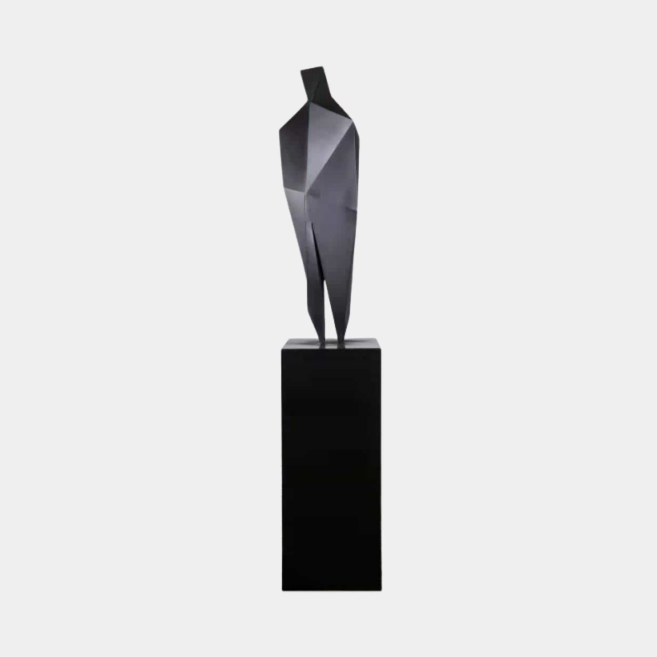 Dark Grey Faceted Origami Figure Metal Sculpture by Giant Sculptures, 110cm tall angular standing figure on a black cube plinth against a plain background.