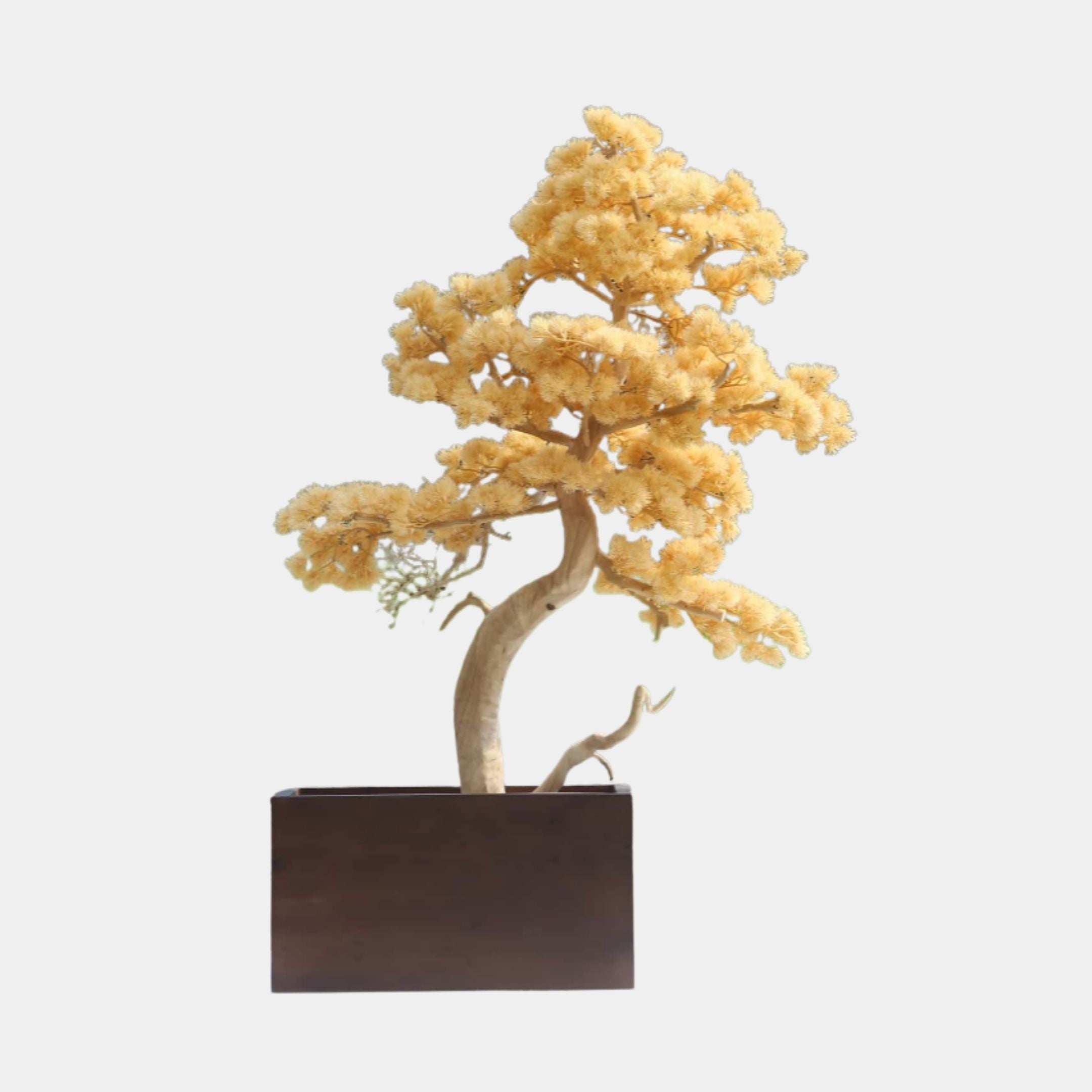 Giant Sculptures Gold Dense Foliage Bonsai Tree, 130cm, with a curved cream trunk and rounded pale golden canopy in a dark rectangular wooden planter.