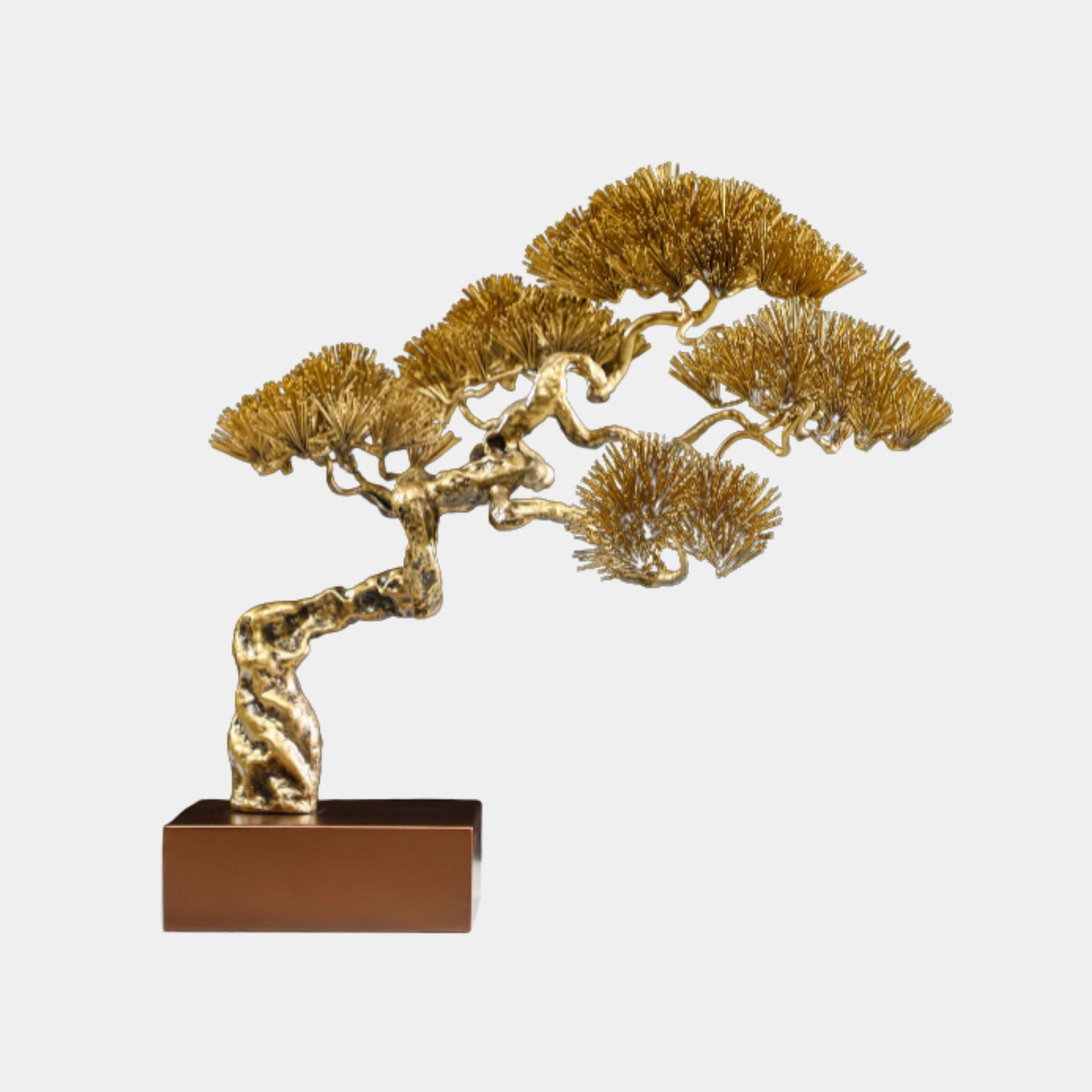 Gold Pine Bonsai Cascade Tree Metal Sculpture by Giant Sculptures, 48cm, with textured golden trunk and fan-shaped needle clusters on a dark brown base.
