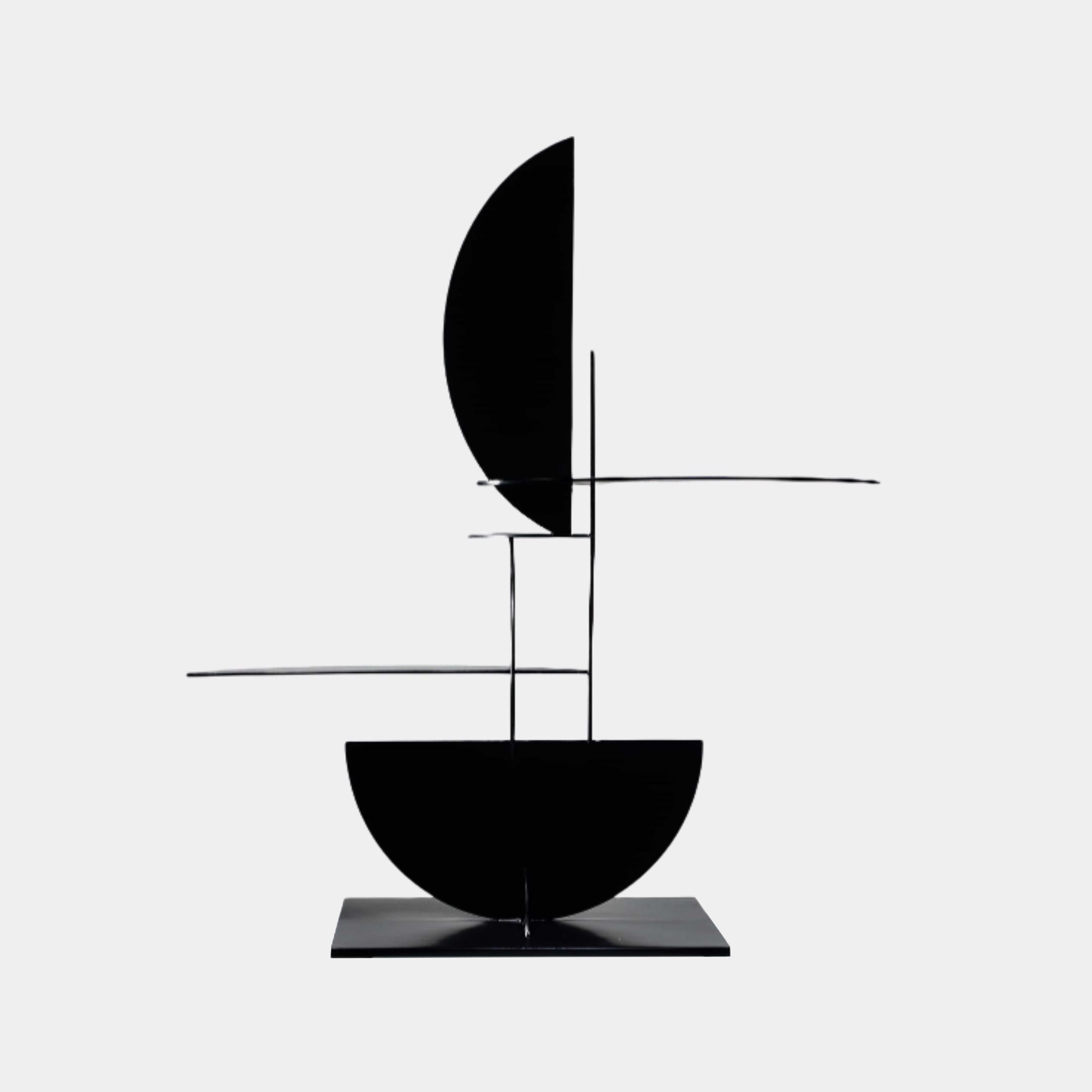 Black Constructivist Half-Moon Abstract Metal Sculpture by Giant Sculptures, 85cm, with vertical half-moon forms and linear bars on a plain background.