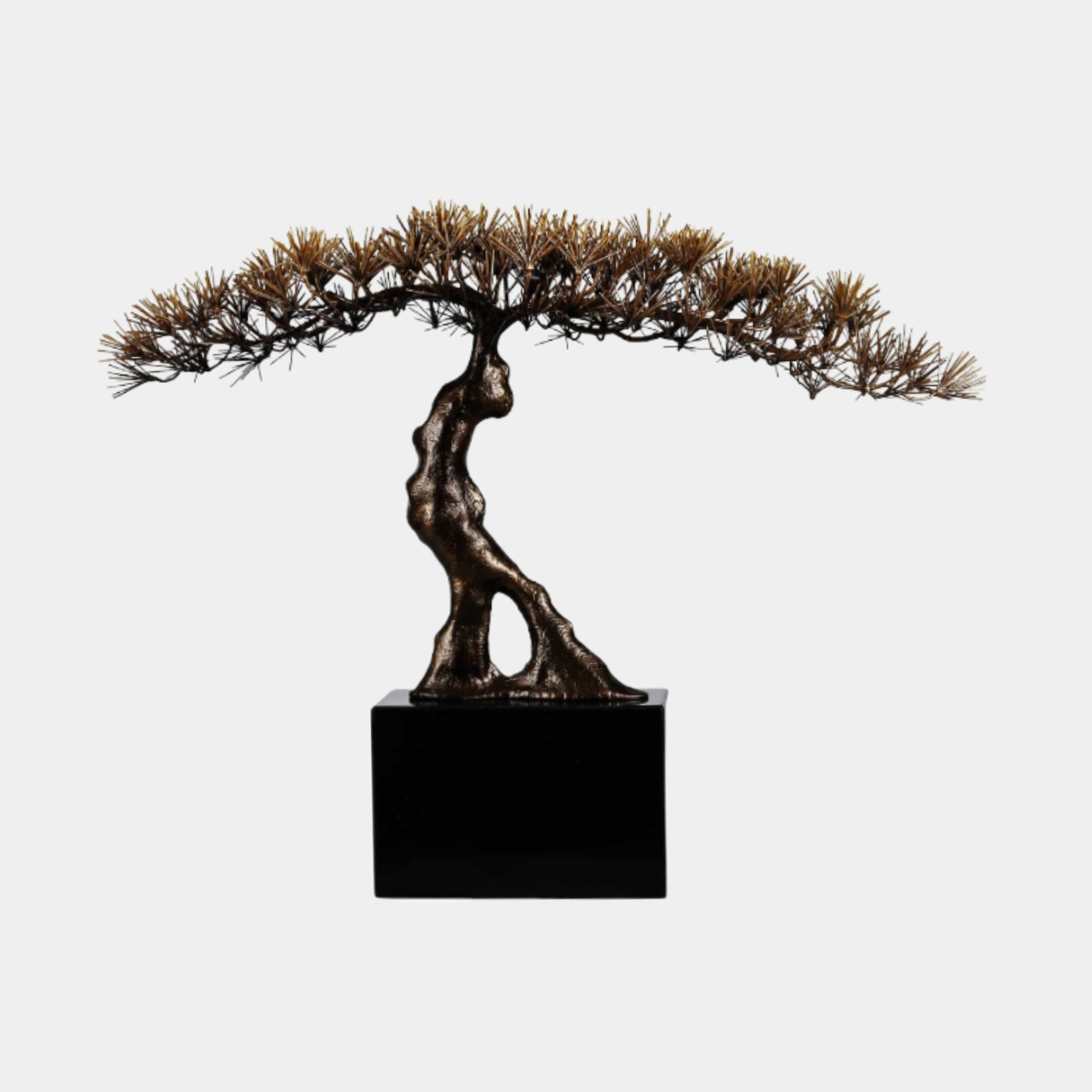 Bronze Umbrella Pine Bonsai Tree Metal Sculpture by Giant Sculptures, featuring a textured trunk and wide golden-bronze needle canopy on a black cube base.